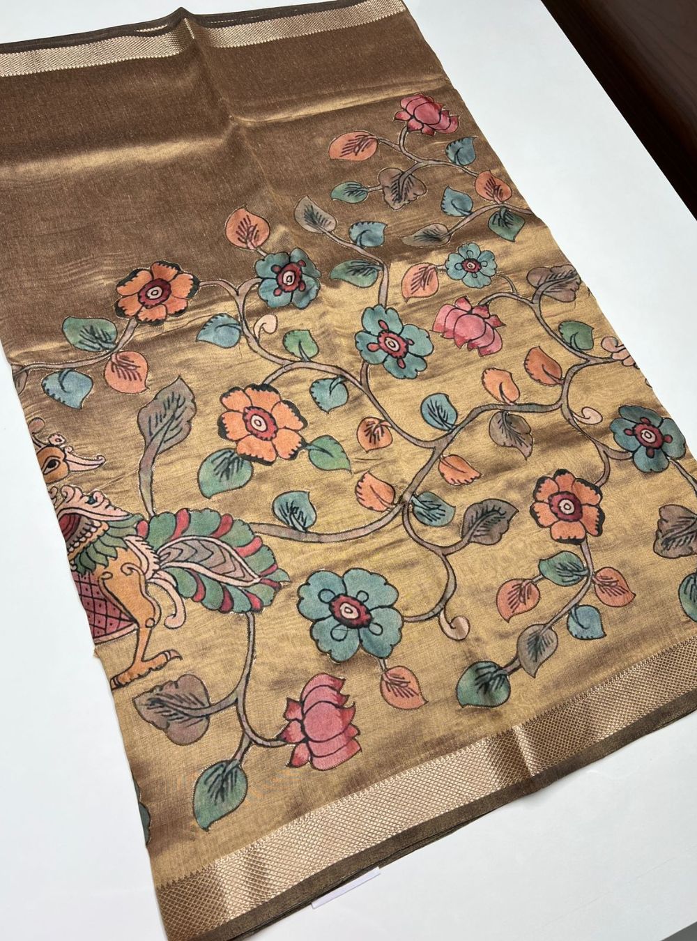 Golden Color Hand Painted - Tissue Saree