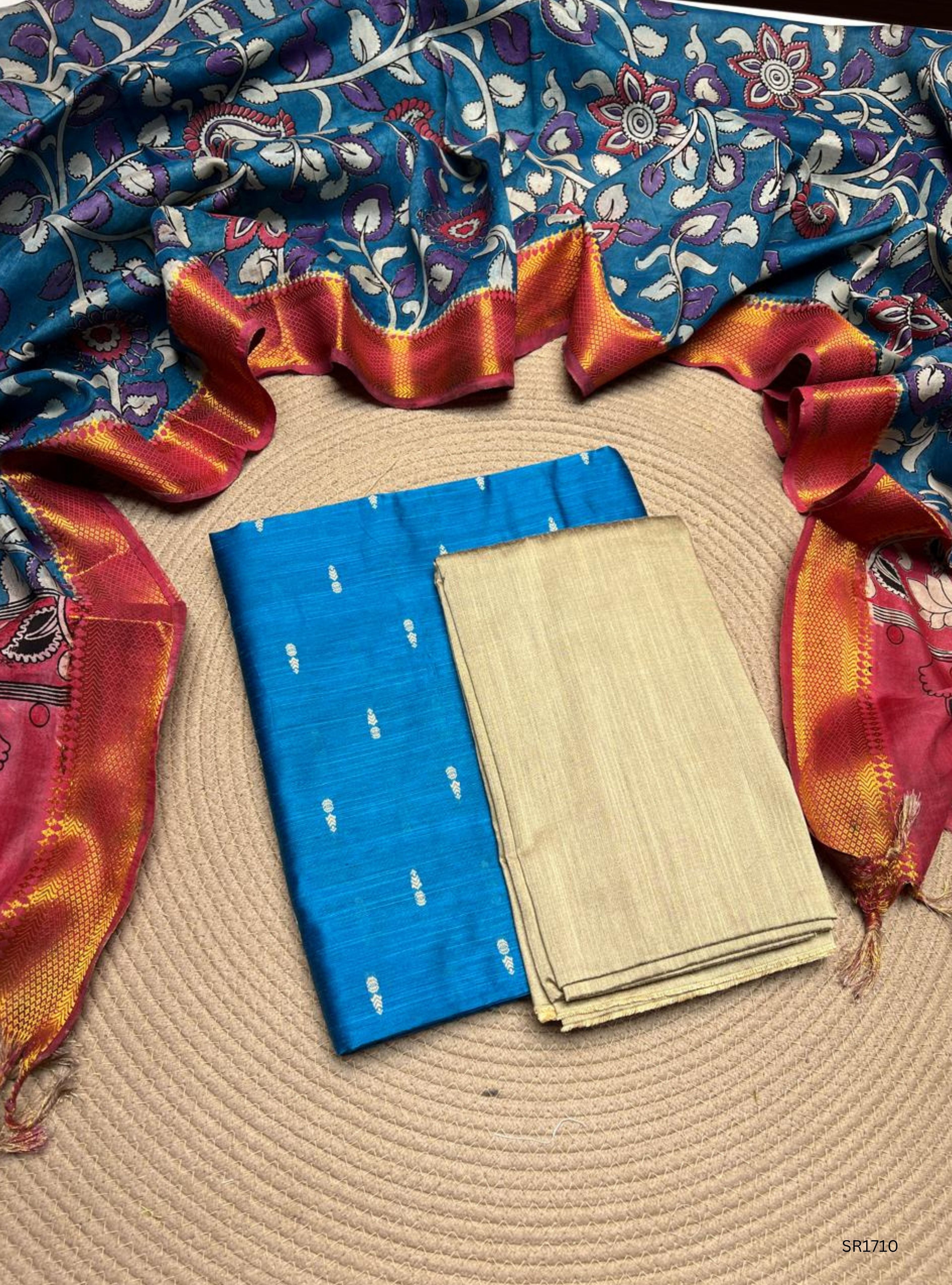 Blue - Raw Silk X Kalamkari Unstiched Suit 3 Pc Set