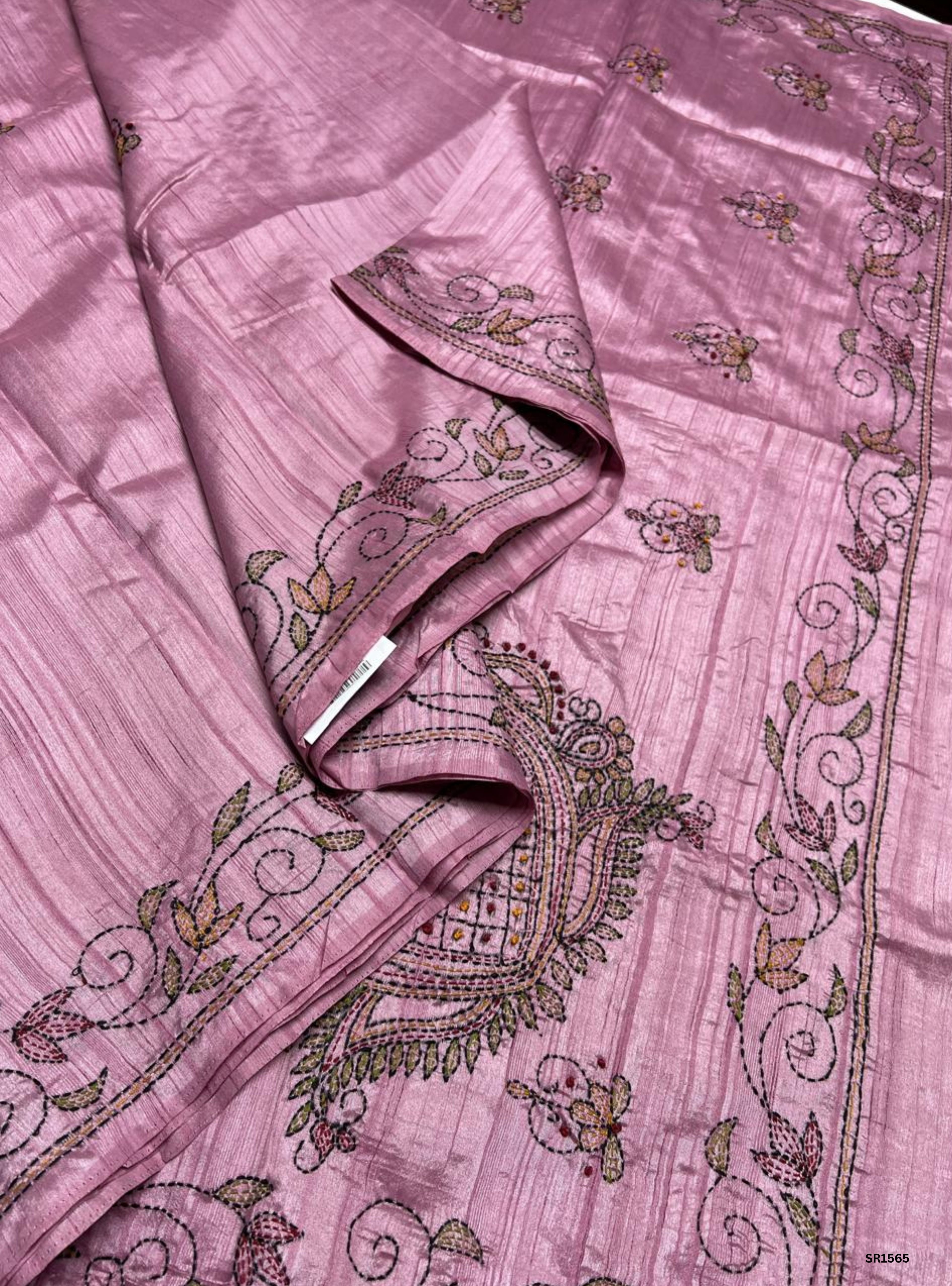Pink - Kantha Stich Semi Tussar Saree