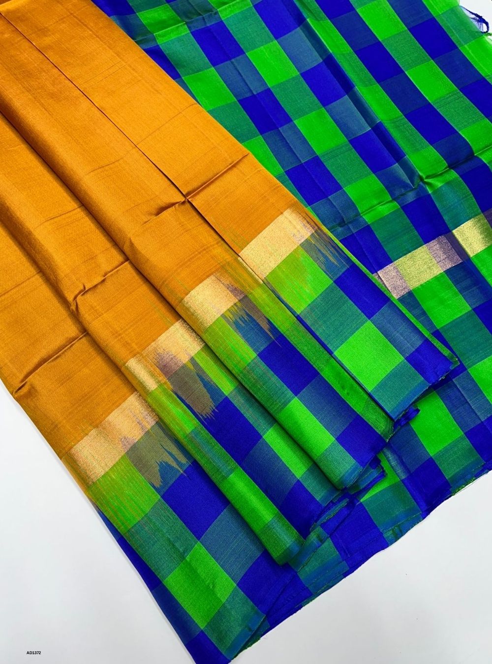 Mustard Yellow, Blue & Green -  Soft Silk Saree