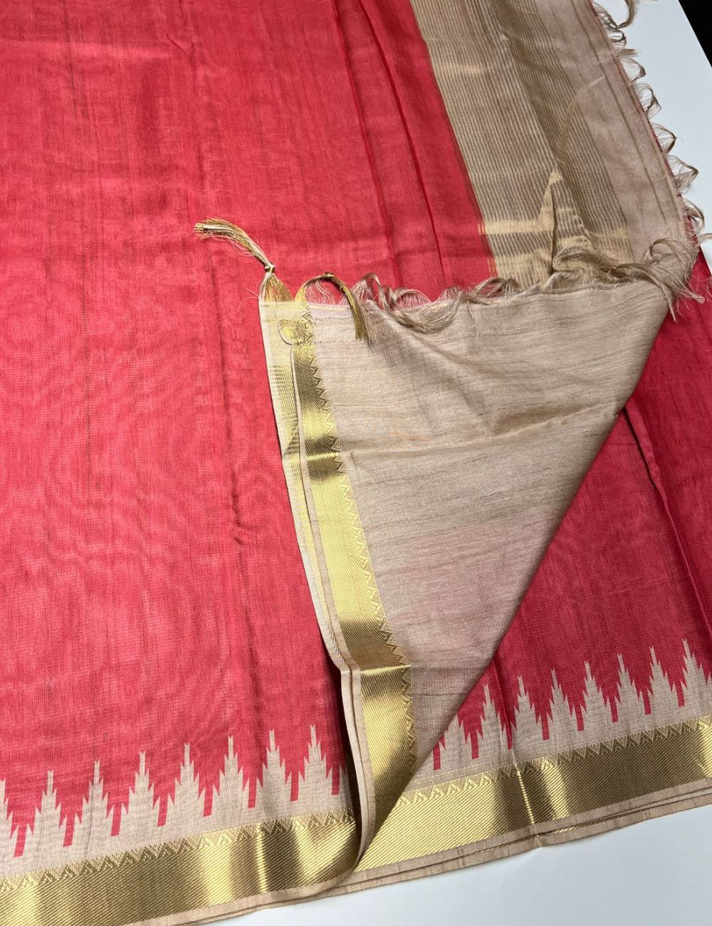 Red Color -  Plain Semi Tusser Saree