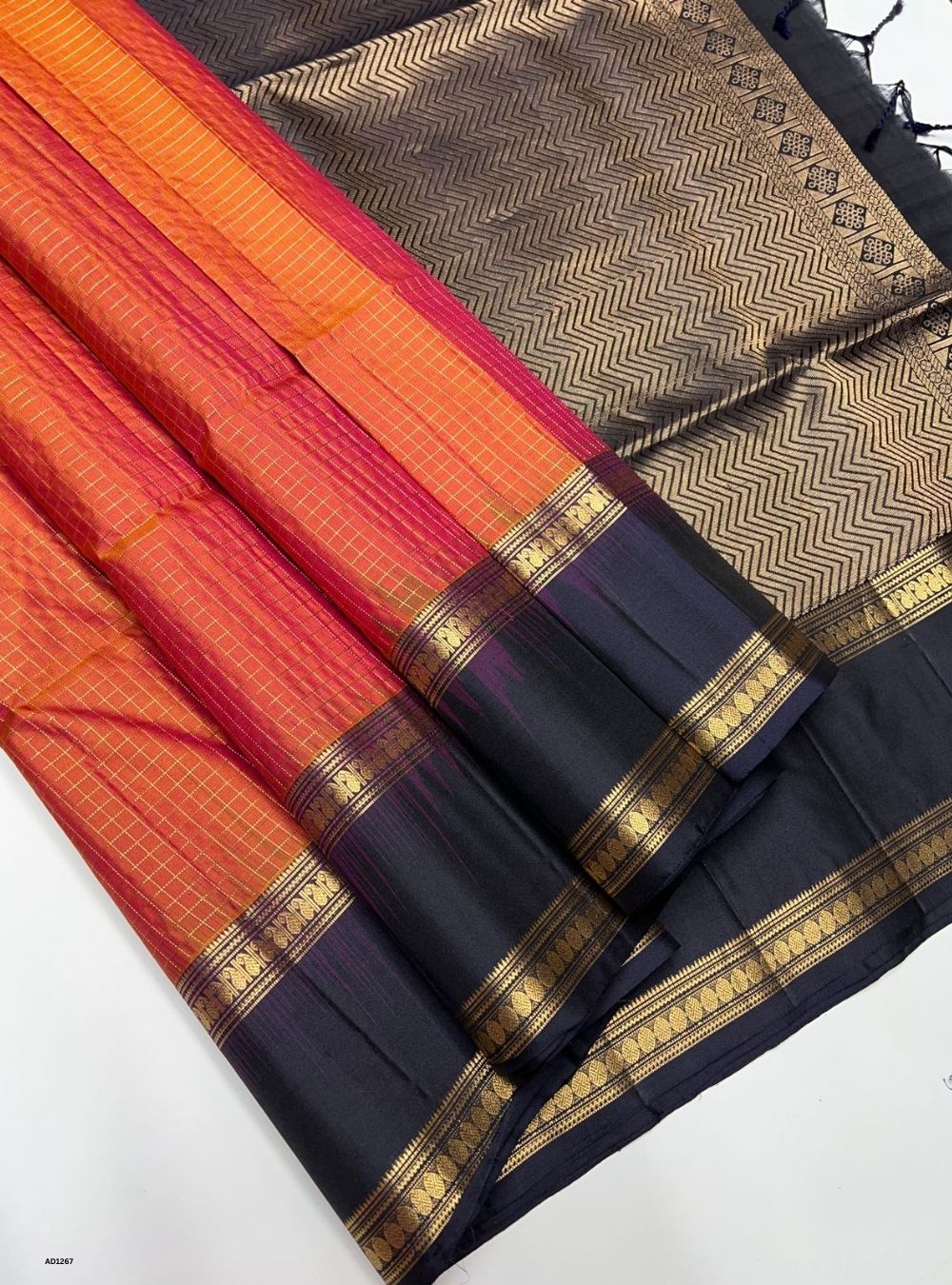 Burnt Orange & Navy -  Soft Silk Saree