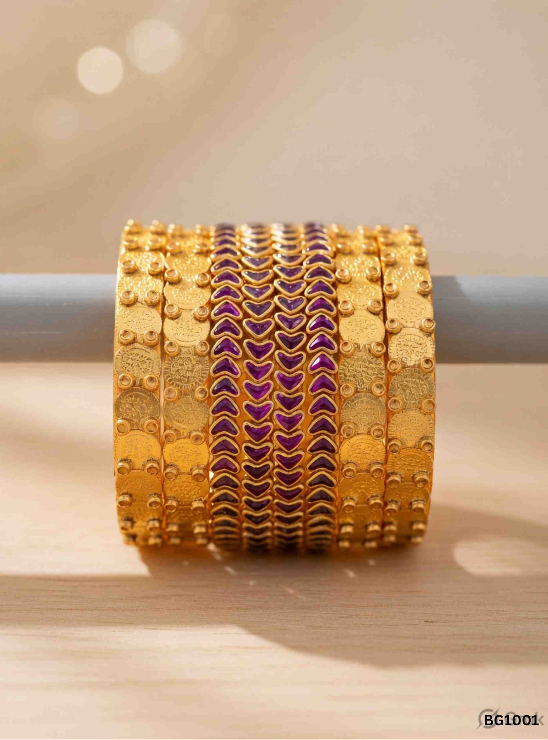 Gold & Purple - Coin & Kundan Bangle Set