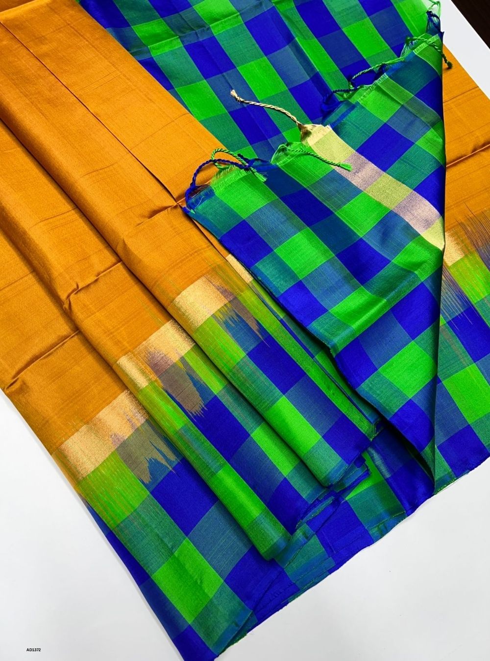 Mustard Yellow, Blue & Green -  Soft Silk Saree