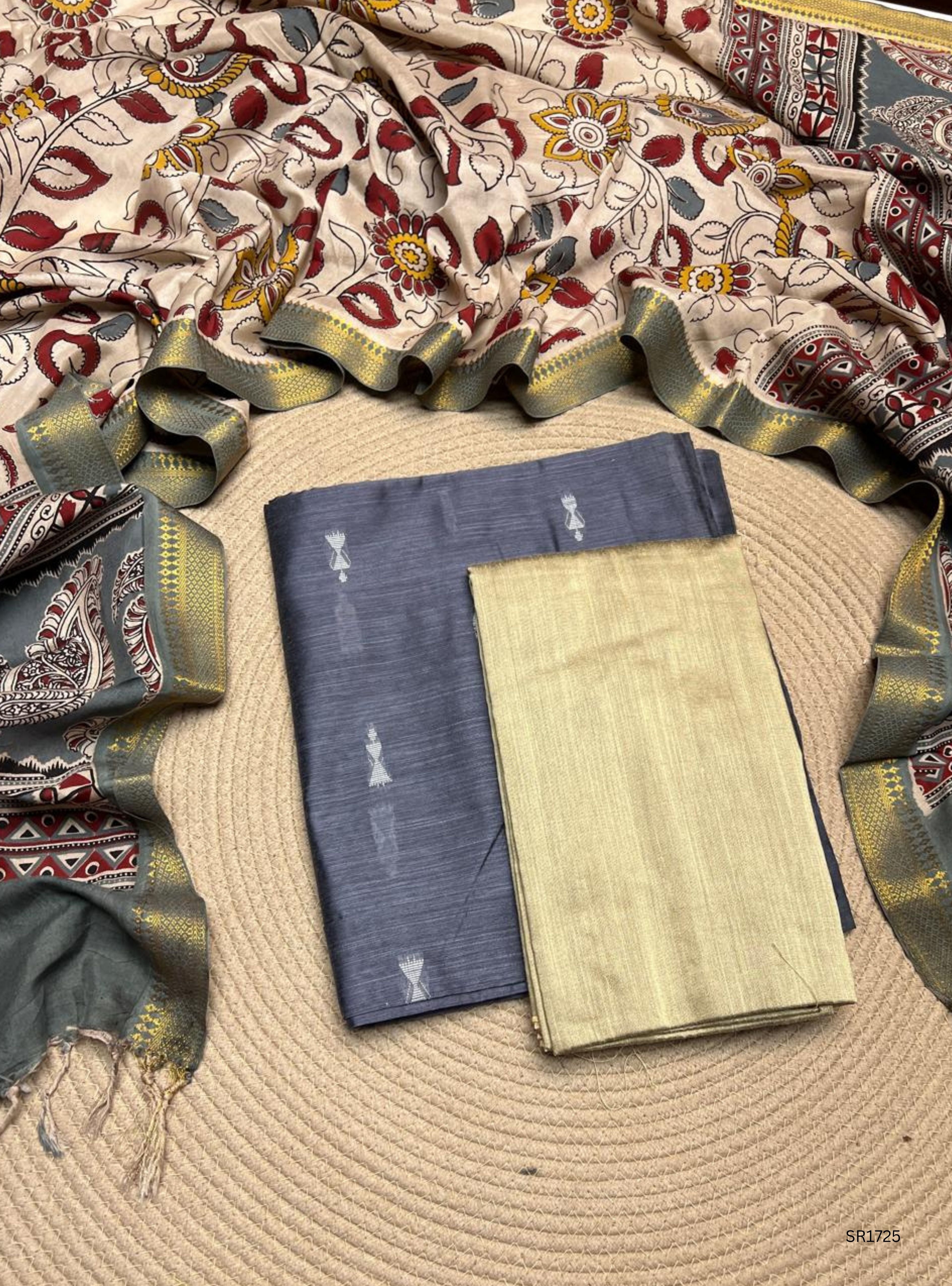 Grey - Raw Silk X Kalamkari Unstiched Suit 3 Pc Set