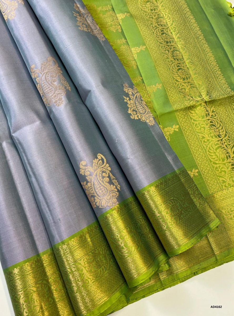 Grey & Lime Green - Kanchi Border Soft Silk Saree