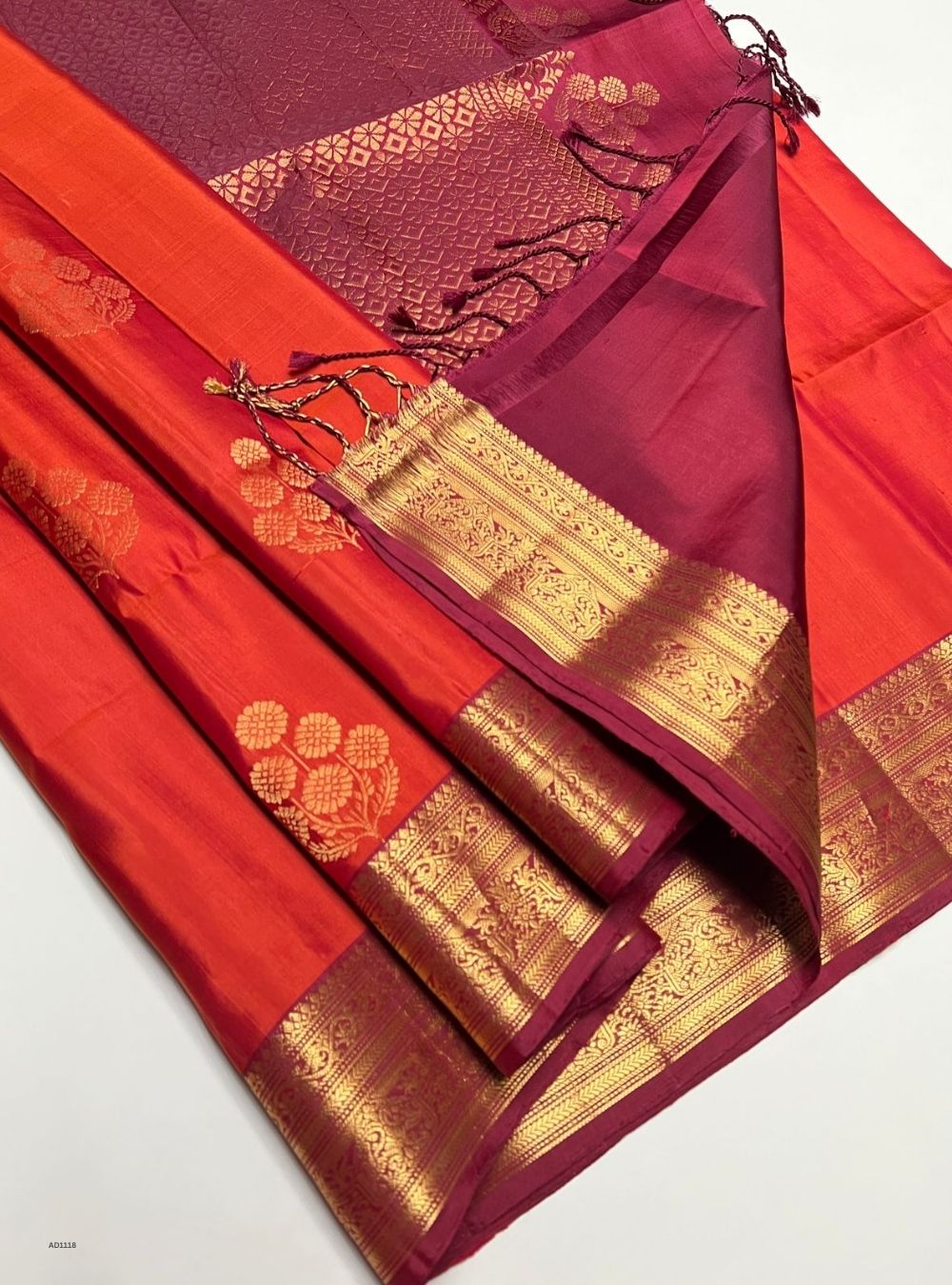 Orange & Maroon - Soft Silk Saree
