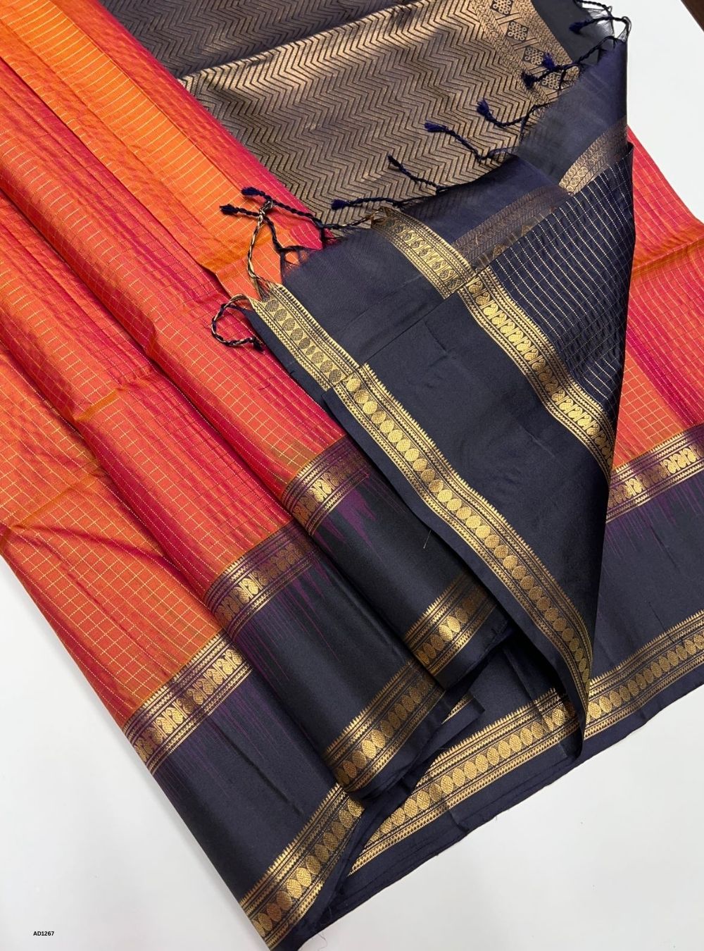 Burnt Orange & Navy -  Soft Silk Saree