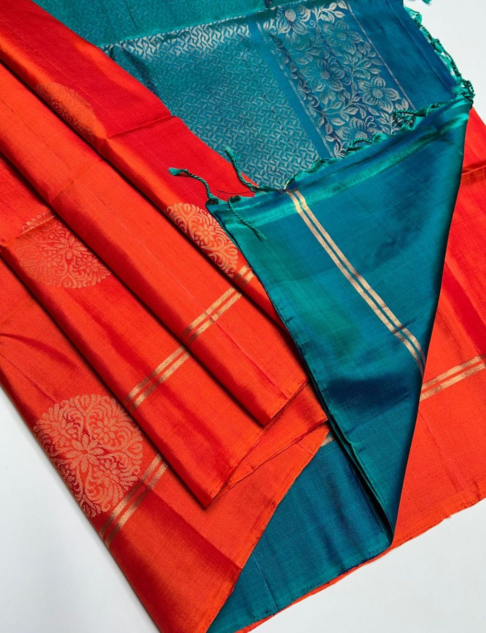Orange & Teal Green - Soft Silk Saree