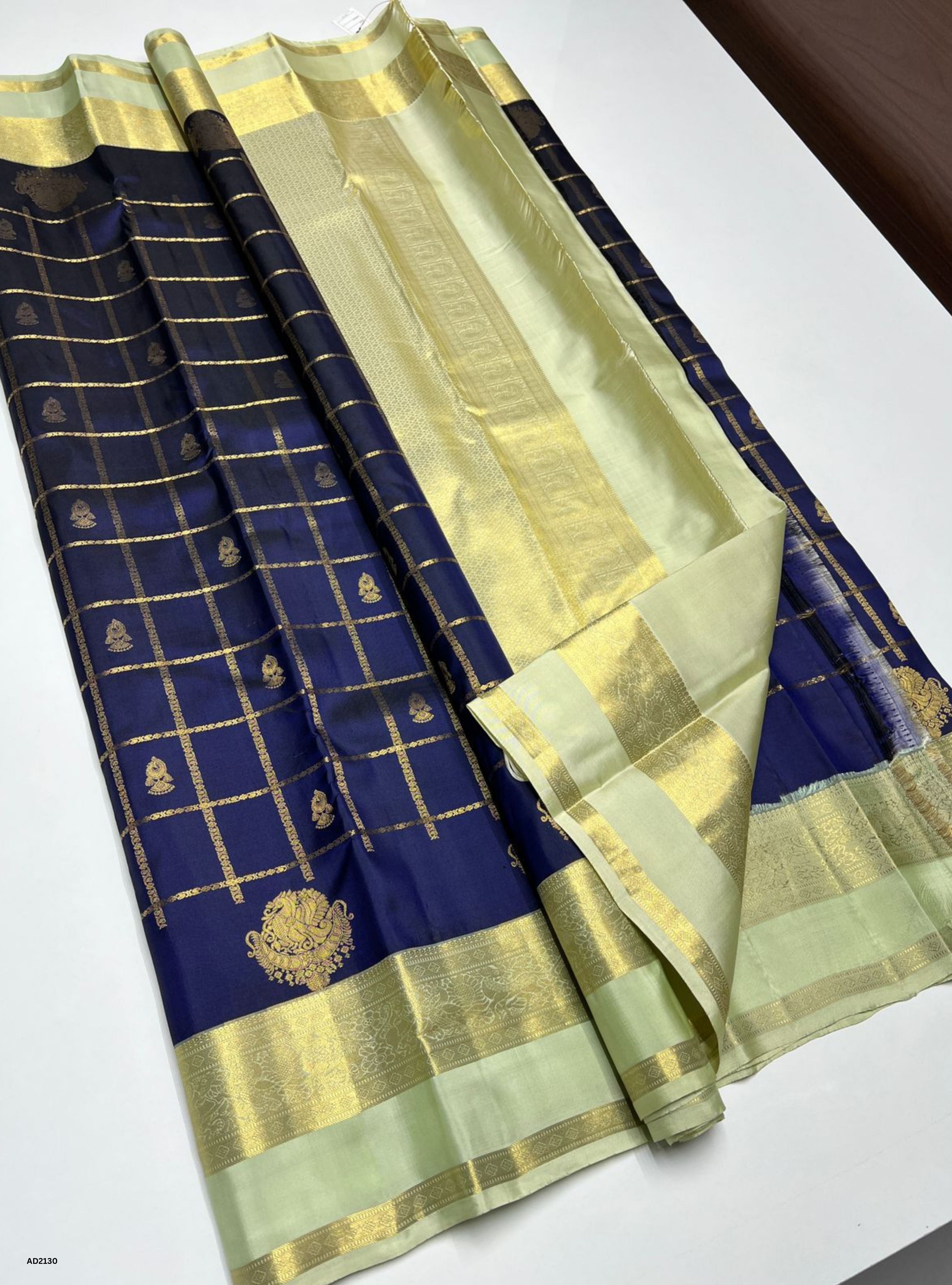Navy & Light Mint Green - Soft Silk Saree