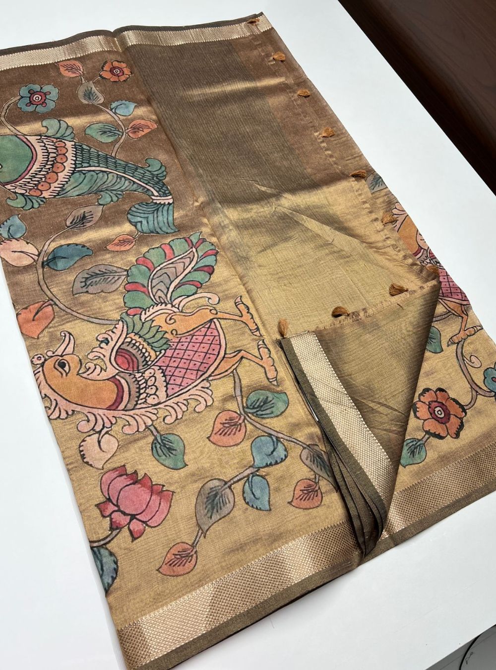 Golden Color Hand Painted - Tissue Saree