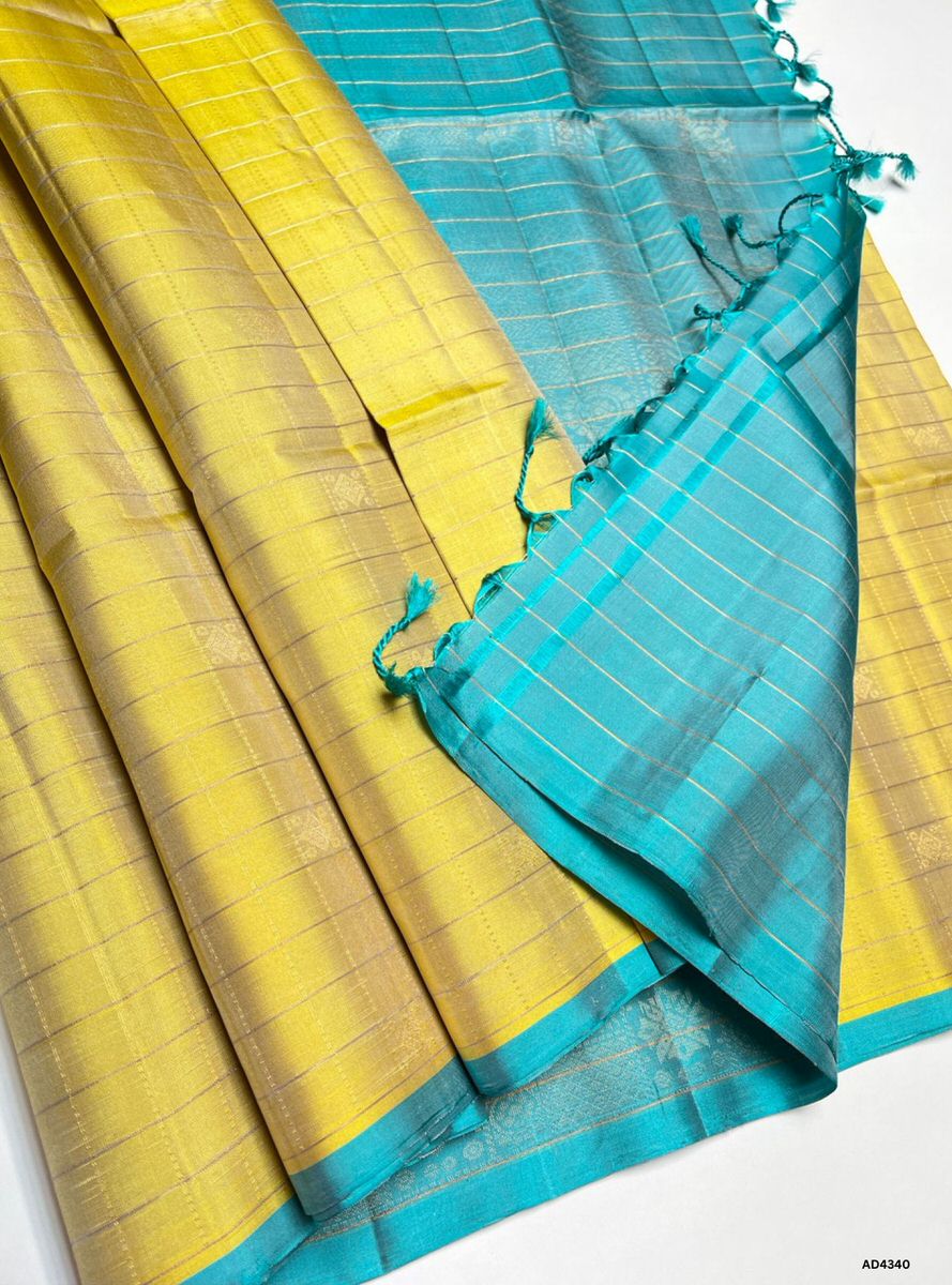 Pastel Yellow & Ice Blue - Checkered Soft Silk Saree