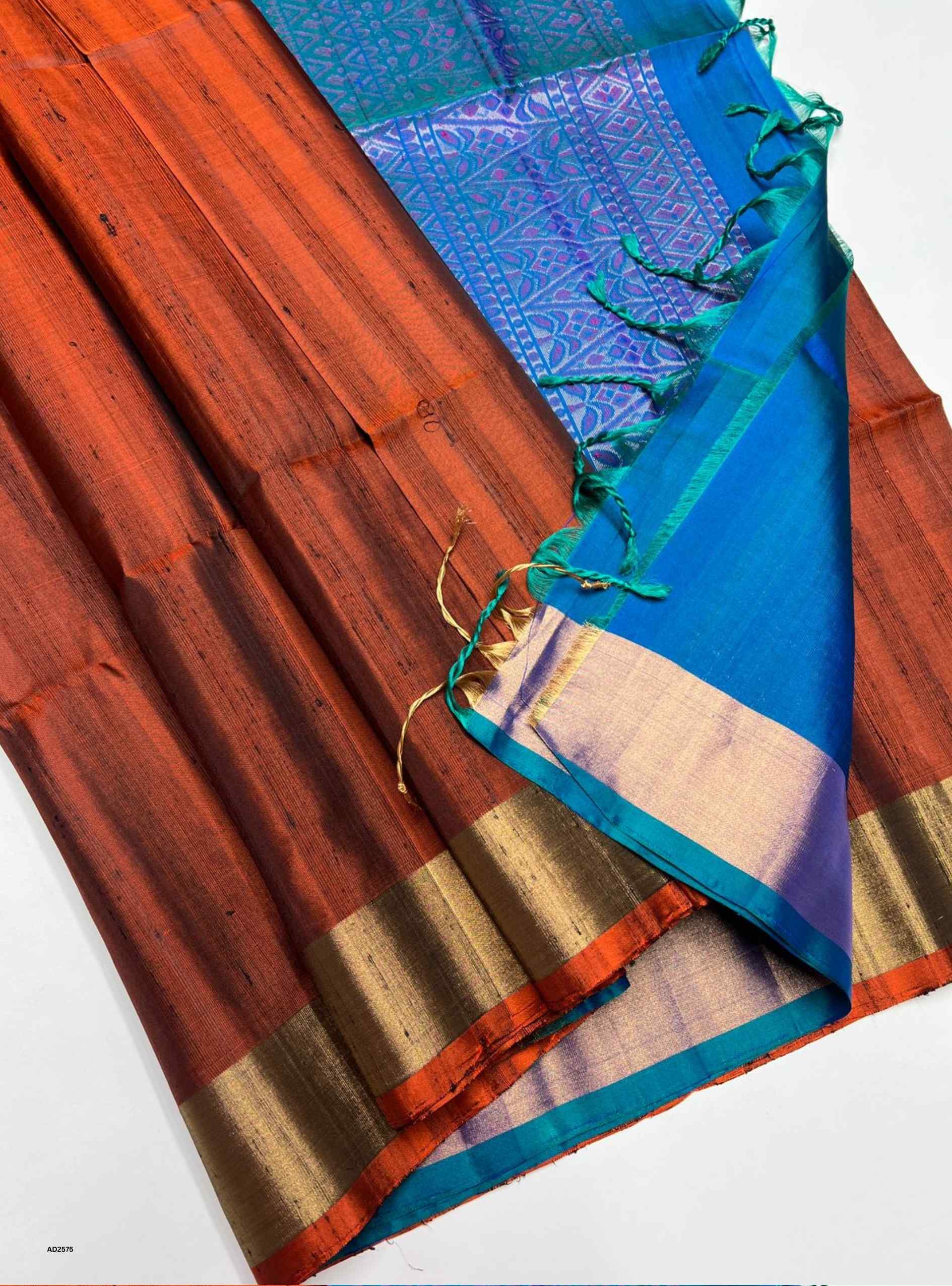 Brown & Peacock Blue - Soft Silk Saree