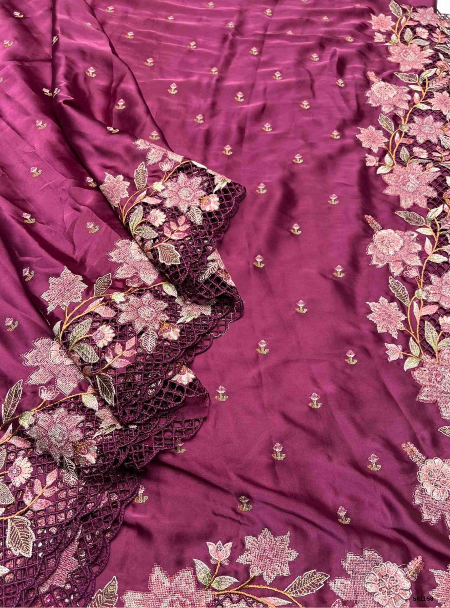 Dark Fuchsia - Satin Georgette Saree Cutwork with Embroidery