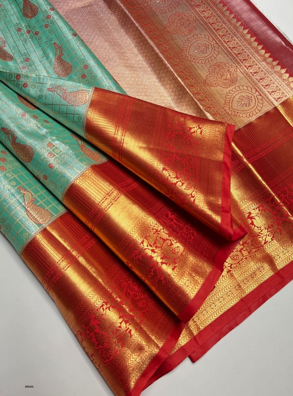 Turquoise & Red - Semi Kanjeevaram Saree