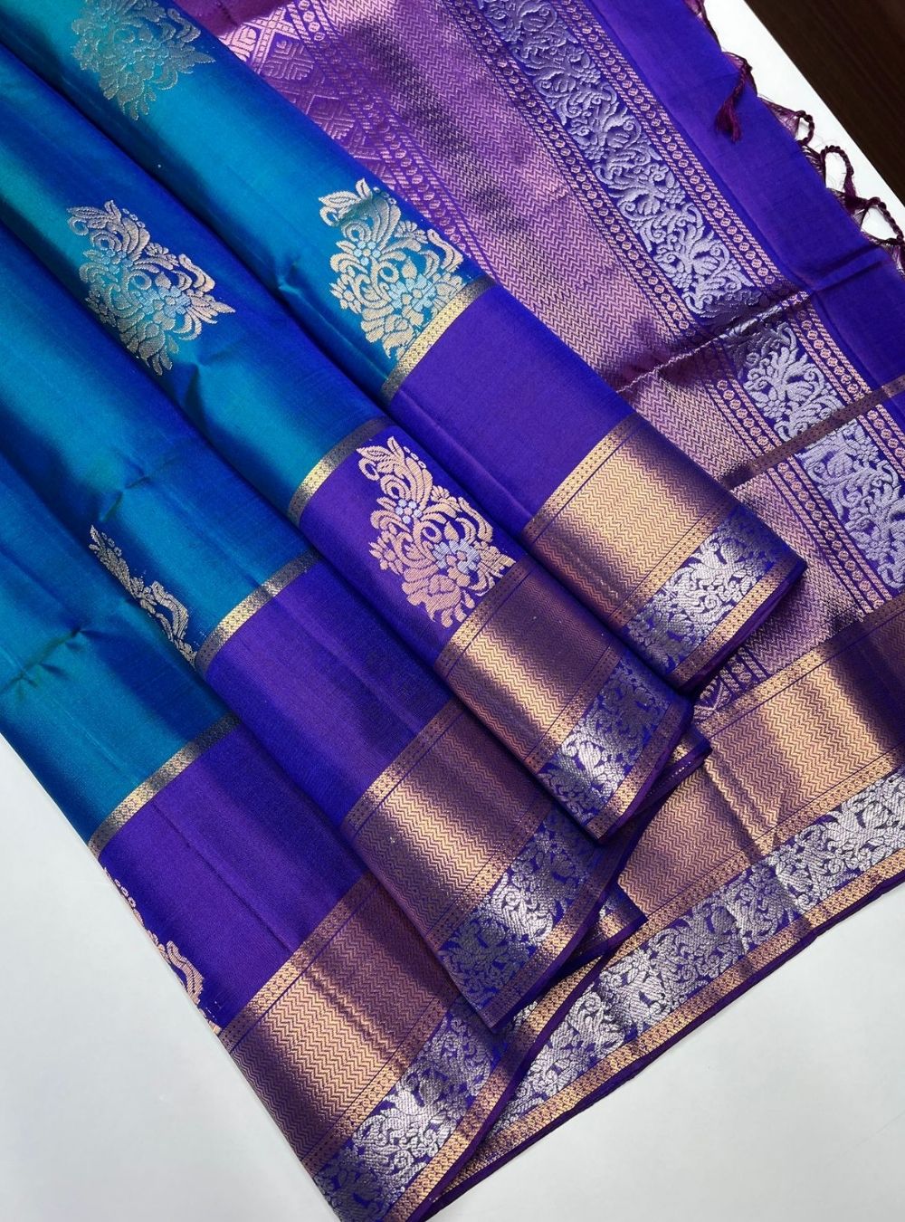 Peacock Blue & Purple -  Soft Silk Saree