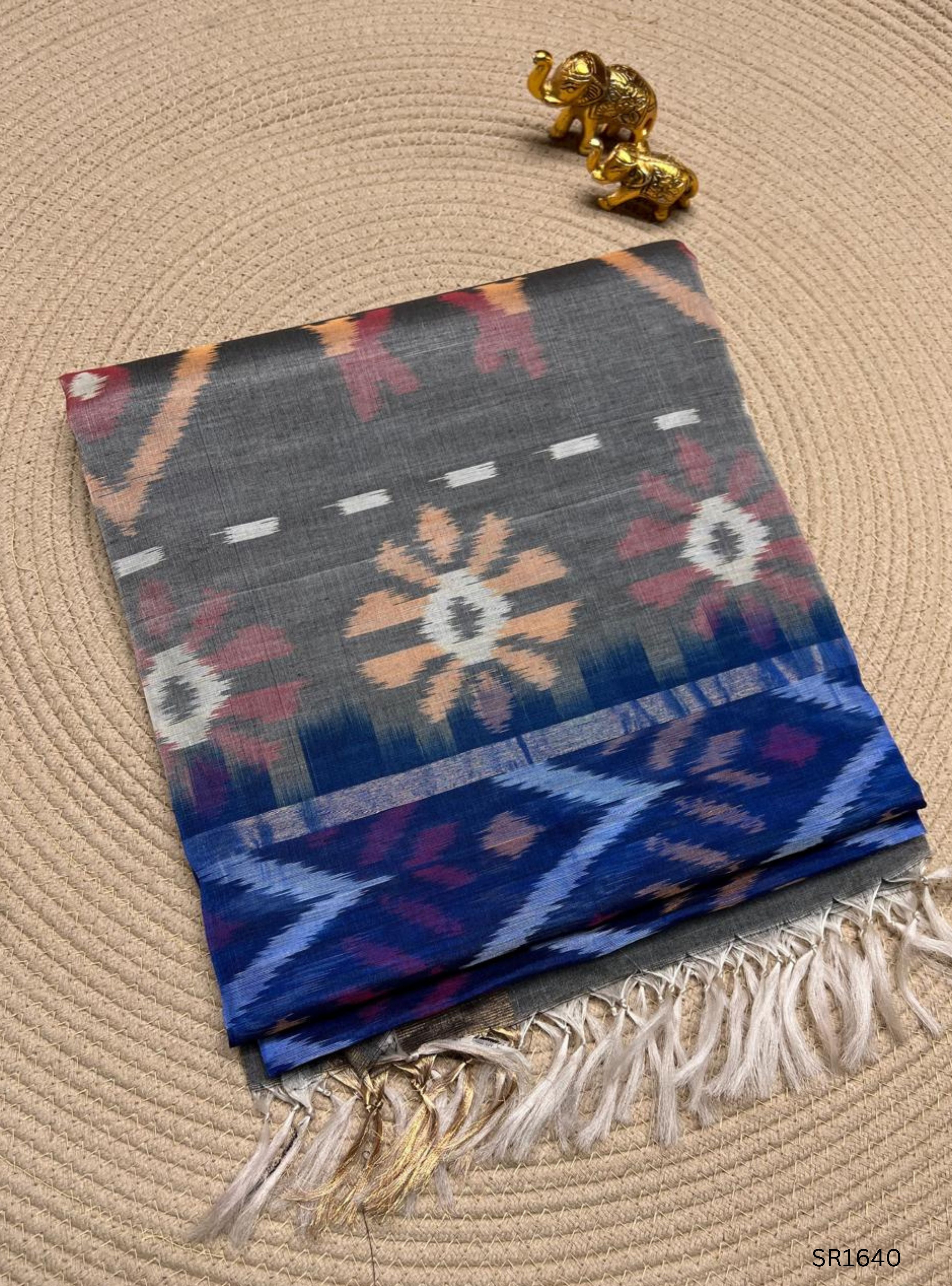 Blue , White & Grey - Ikkat Kora Cotton Saree