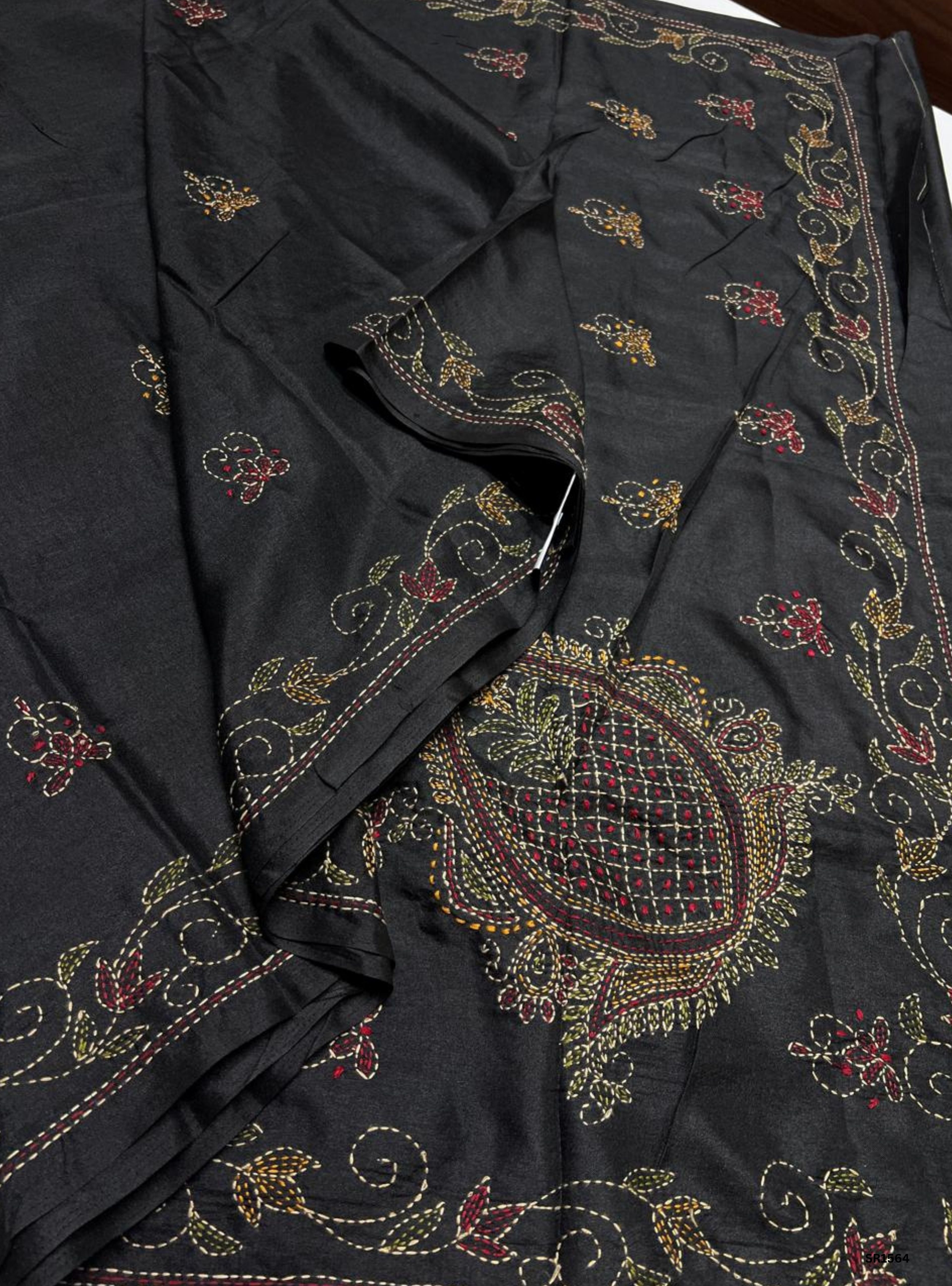 Black - Kantha Stich Semi Tussar Saree