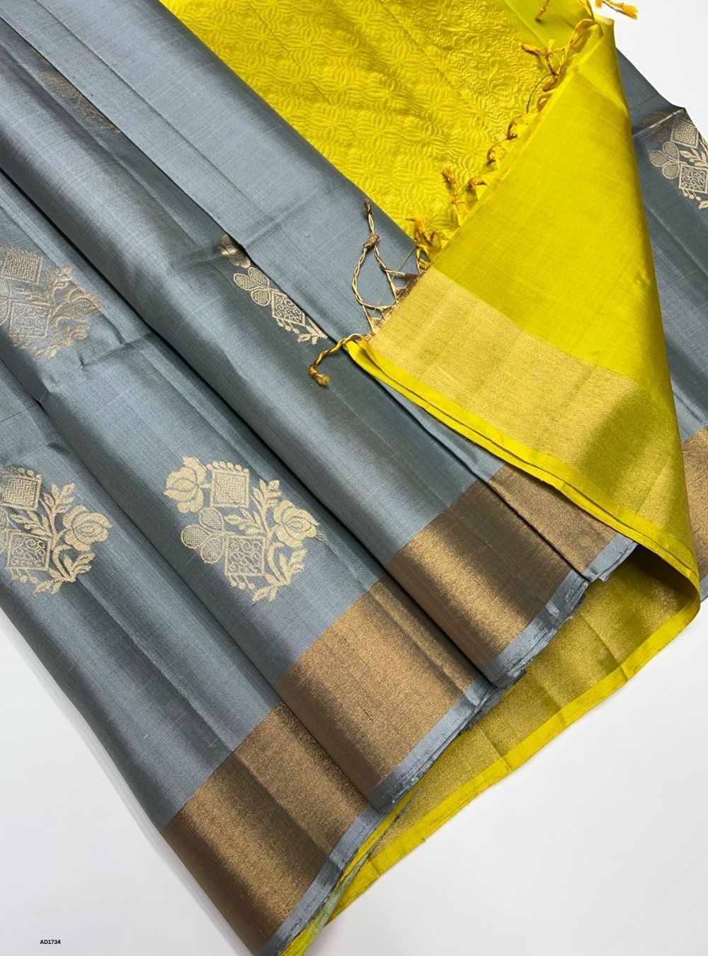 Grey & Lime Green - Soft Silk Saree