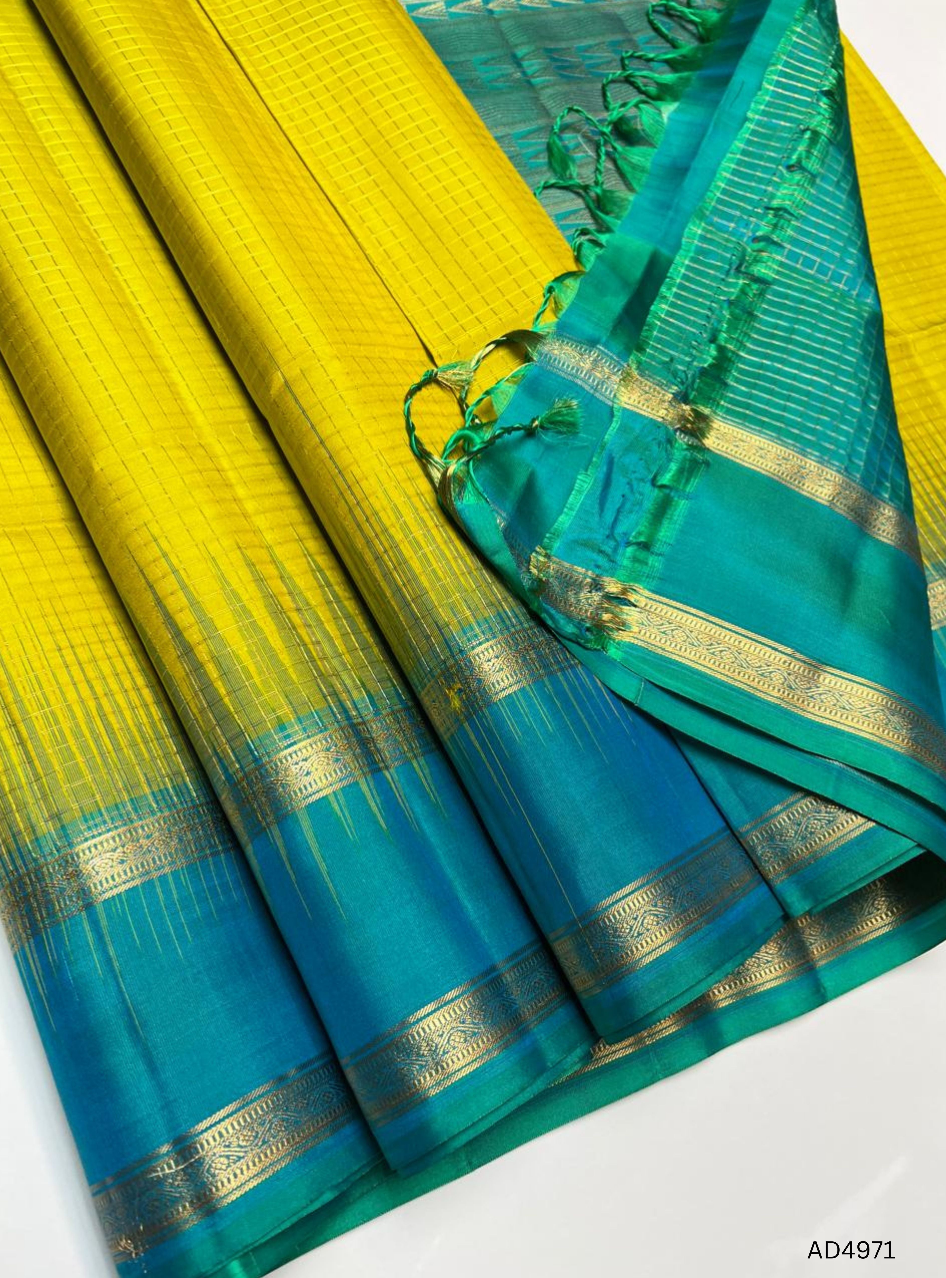 Lime Yellow & Rama Green - Checkerd Retta Pet Soft Silk Saree