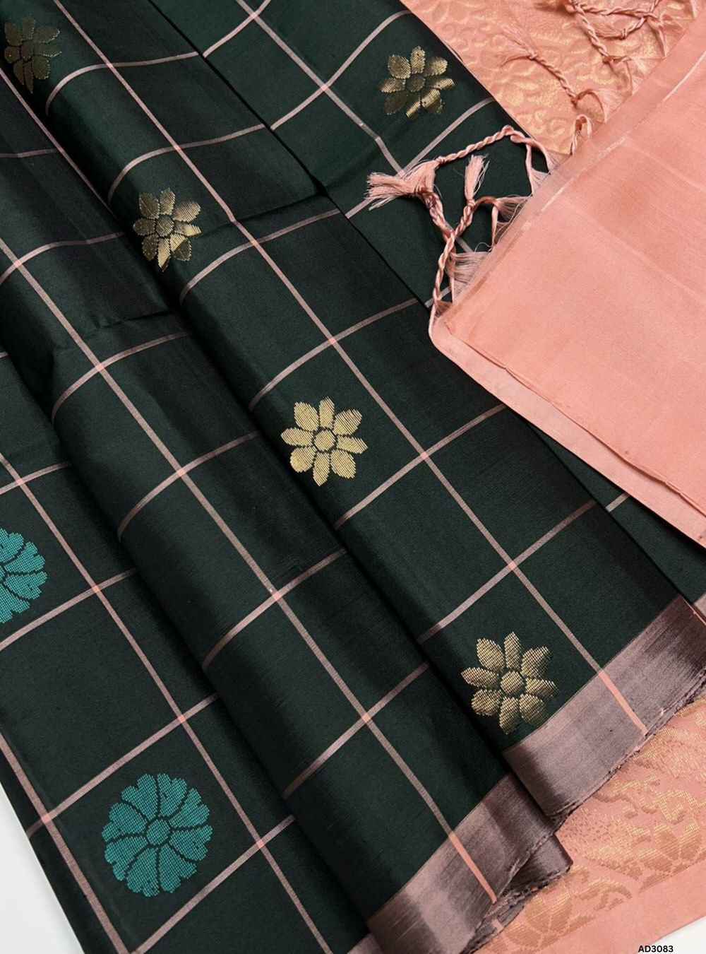Bottle Green & Peach - Soft Silk Saree