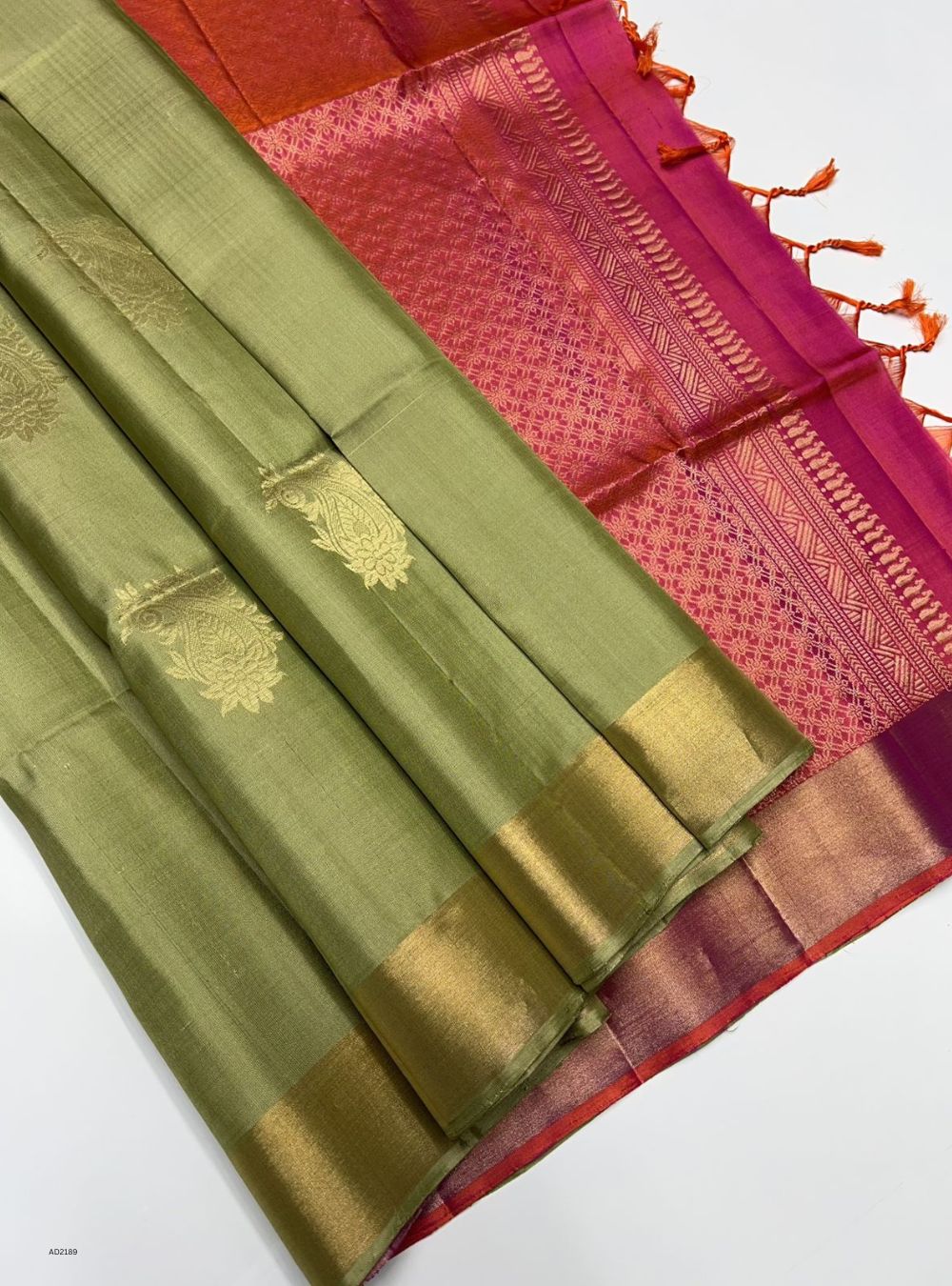 Dark Pista Green & Orangish Pink - Soft Silk Saree