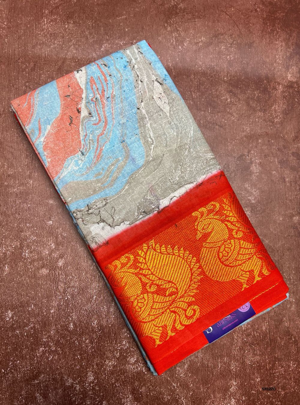 Sky Blue & Red - Marble Print Chungudi Cotton