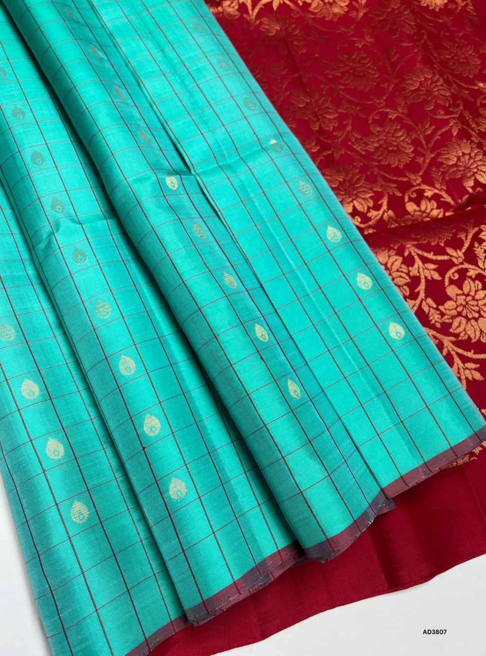 Aqua Blue & Red - Checks Silk Saree