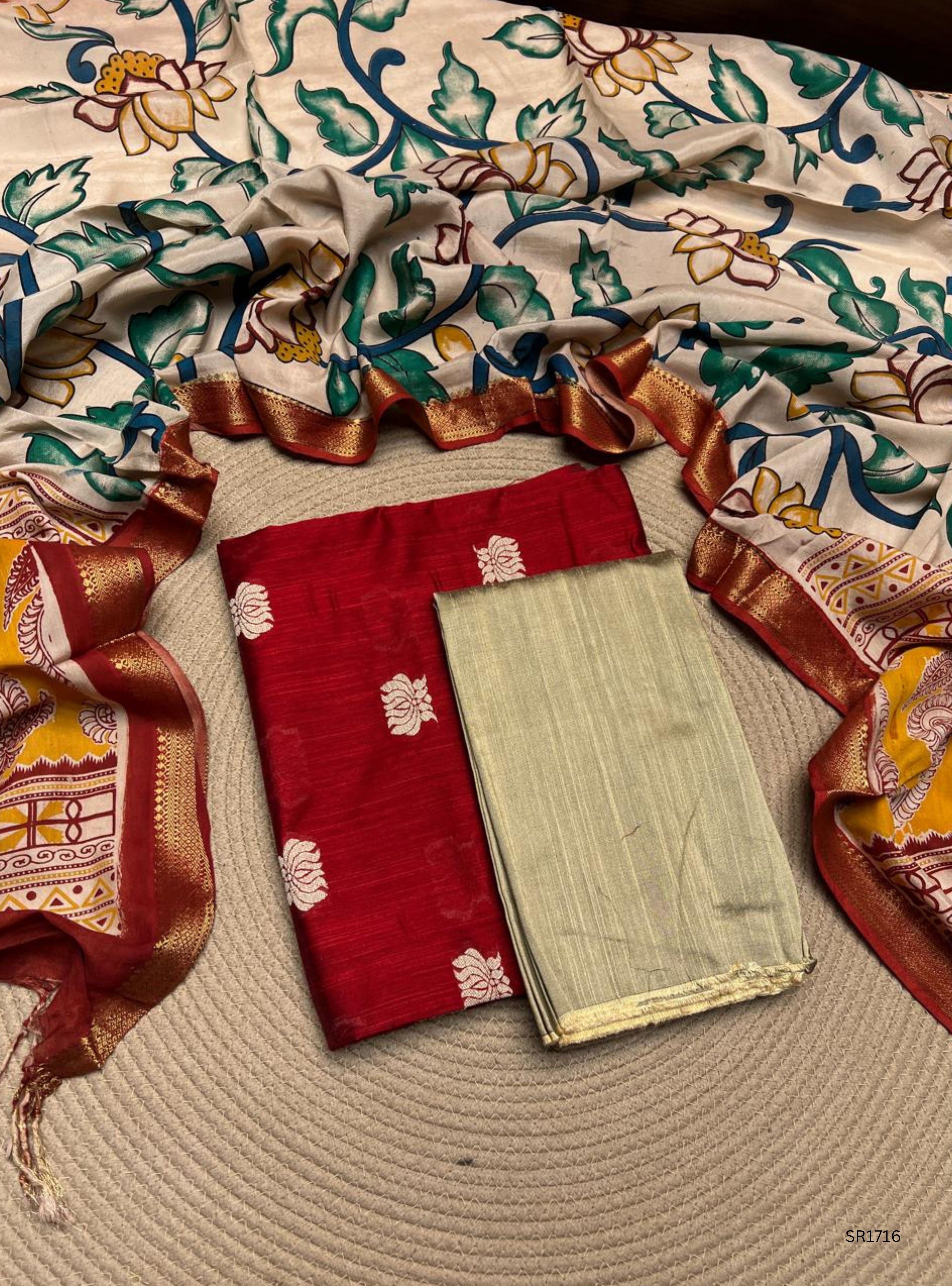 Red - Raw Silk X Kalamkari Unstiched Suit 3 Pc Set