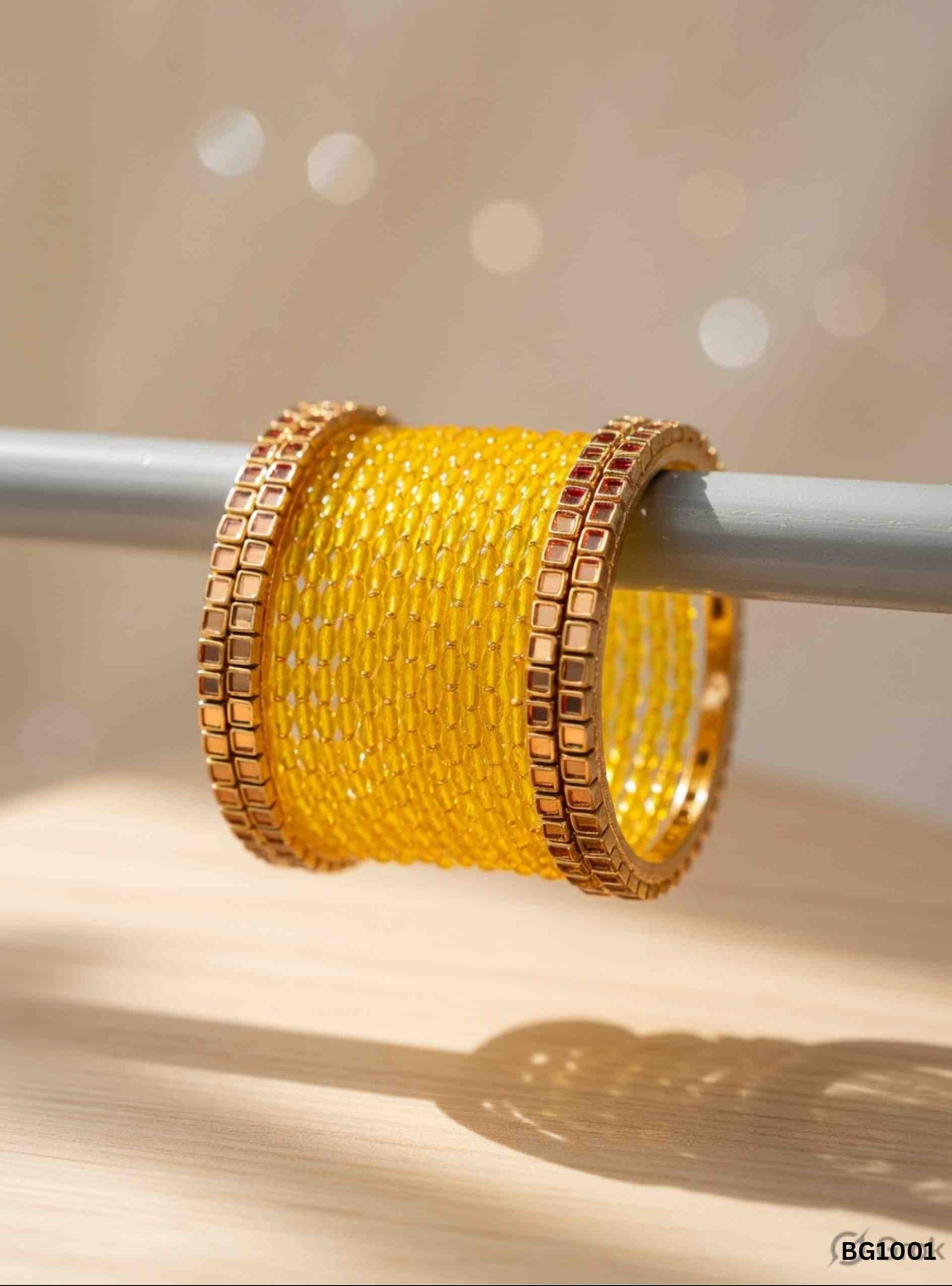 Yellow - Raindrop & Kundan Bangle Set