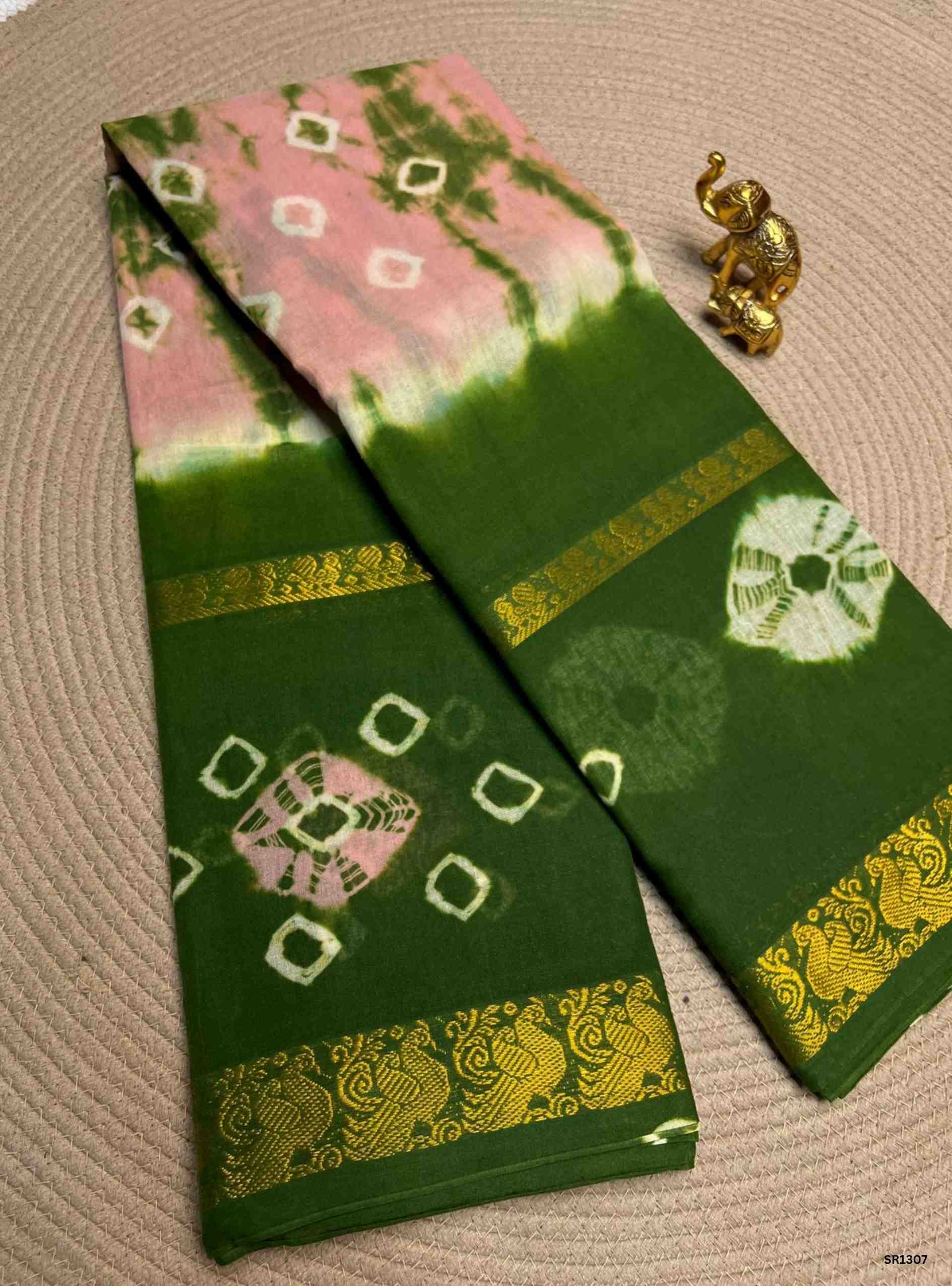 Pink & Green - Bandhini Chungudi Cotton Saree