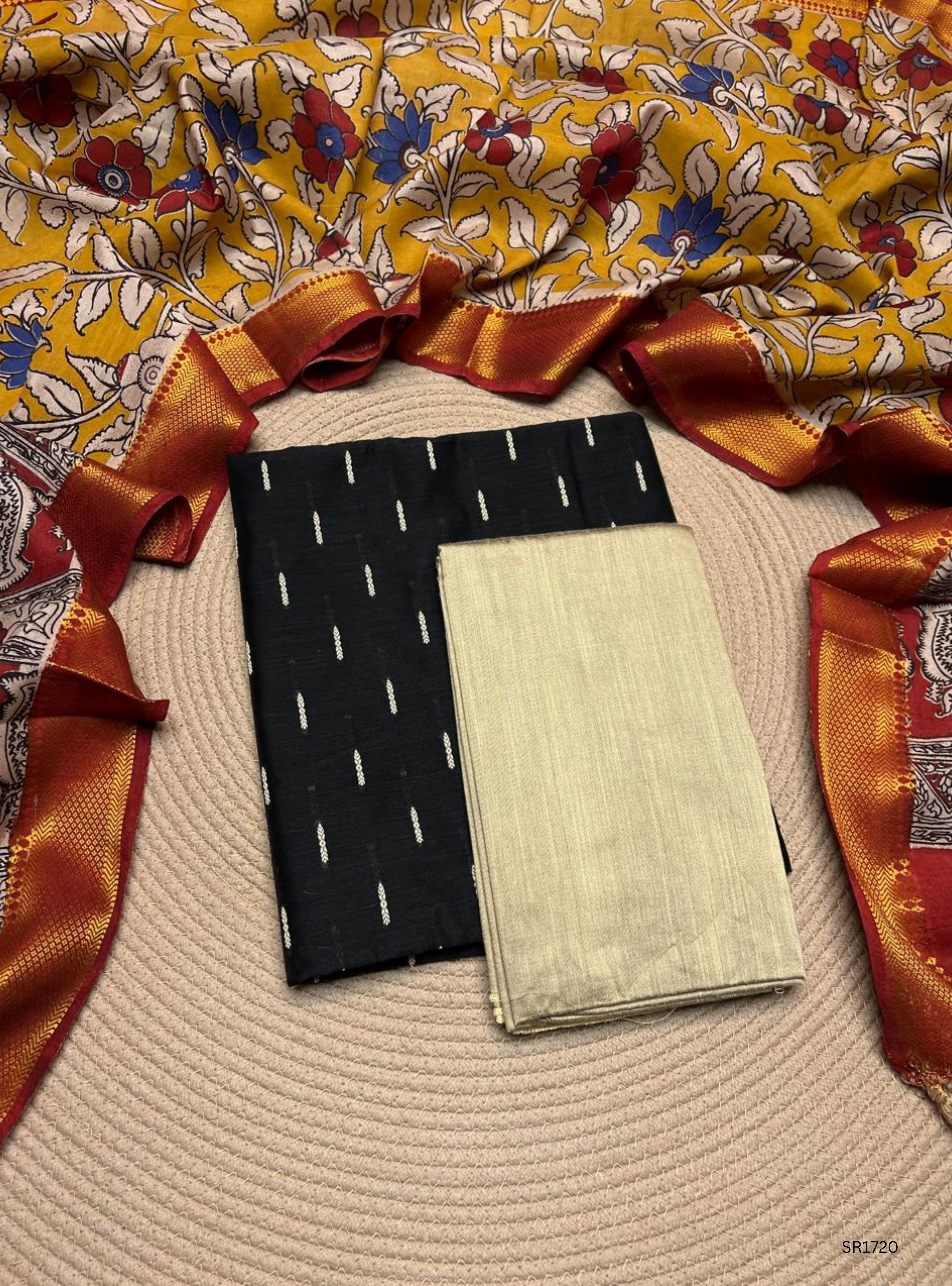 Black - Raw Silk X Kalamkari Unstiched Suit 3 Pc Set