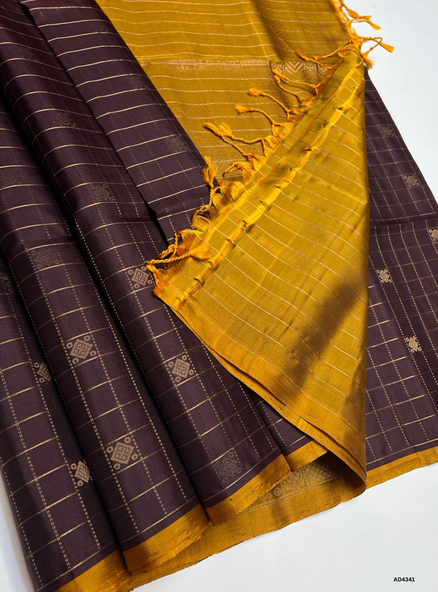 Coffee Brown & Brown - Checkered Soft Silk Saree