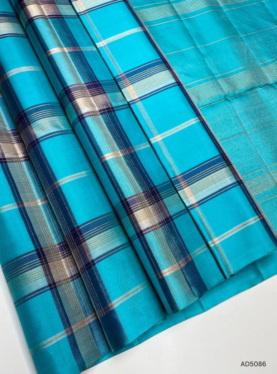 Aqua Blue - Checkerd  Soft Silk Saree