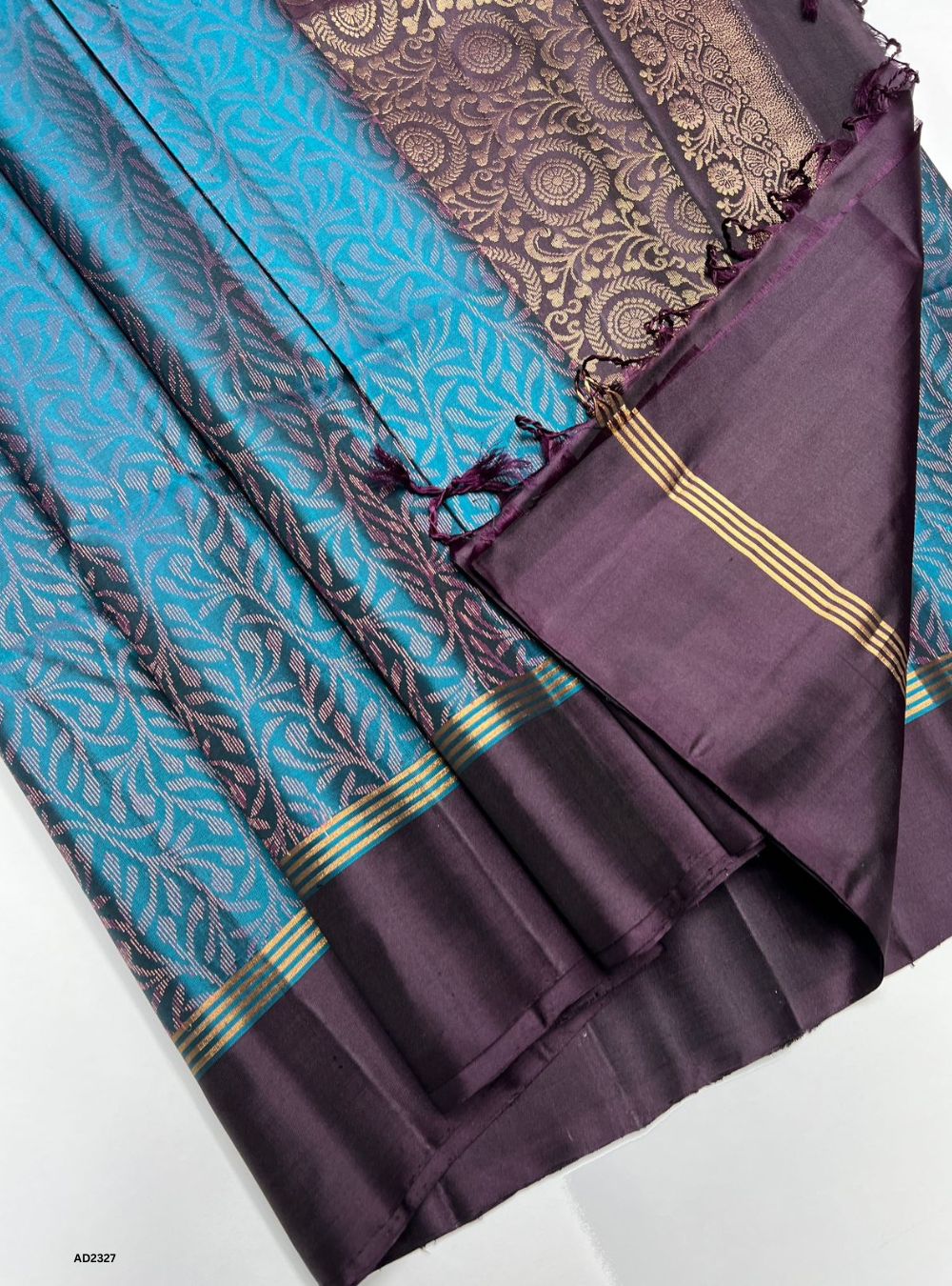 Peacock Blue & Dark Plum  - Soft Silk Saree