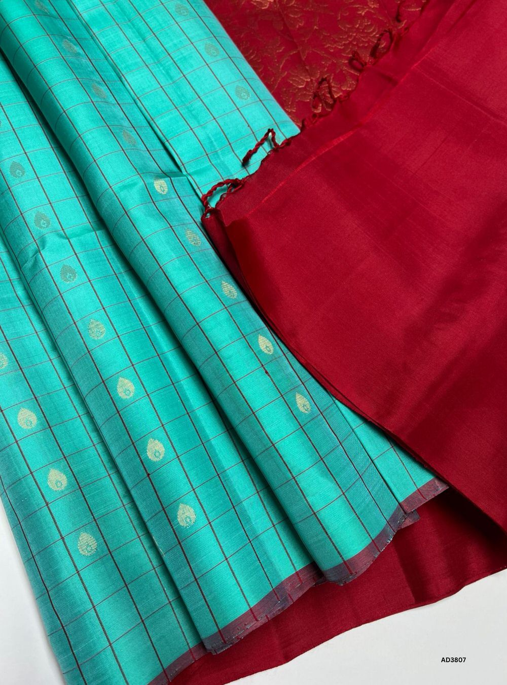 Aqua Blue & Red - Checks Silk Saree