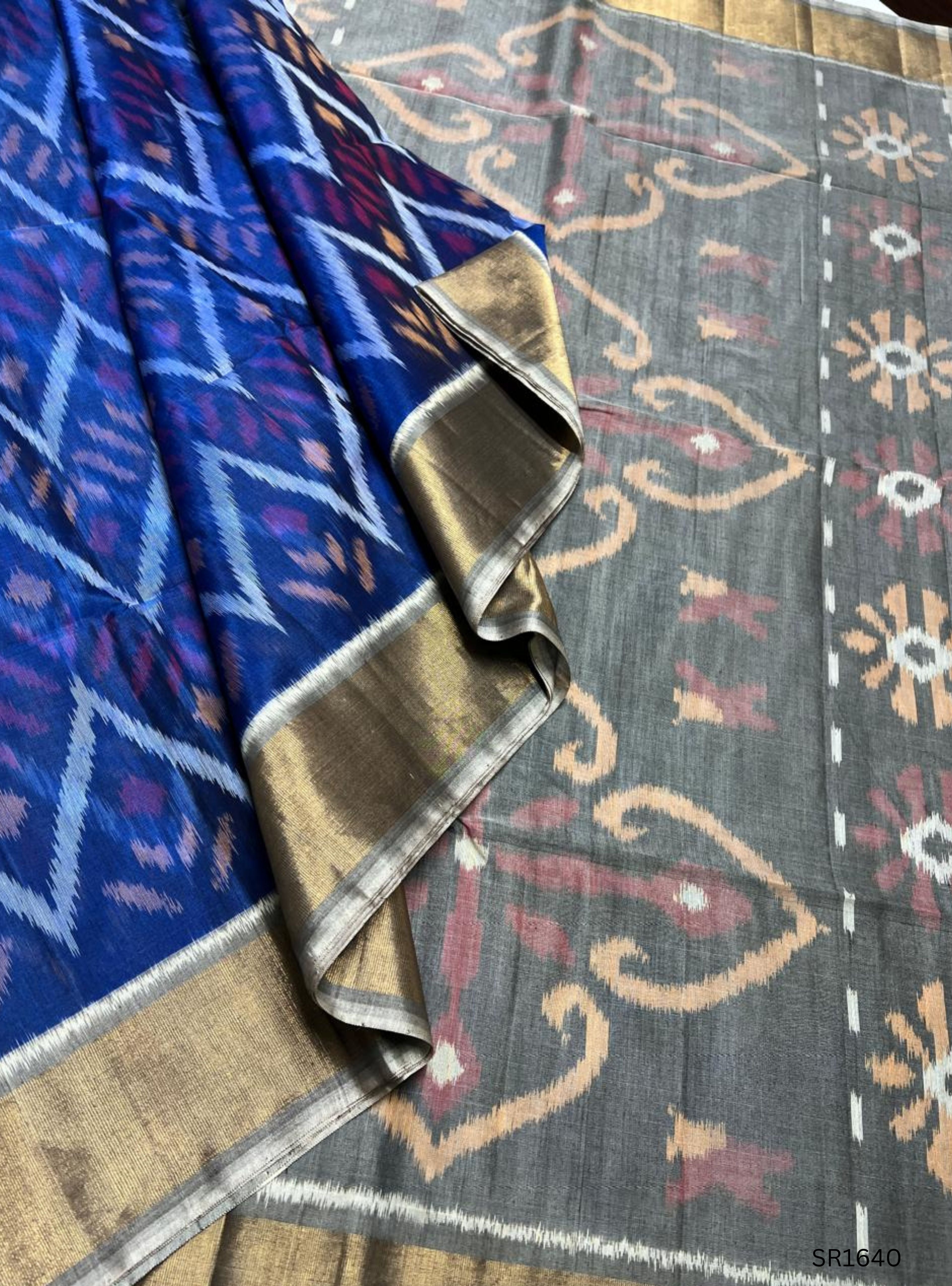 Blue , White & Grey - Ikkat Kora Cotton Saree