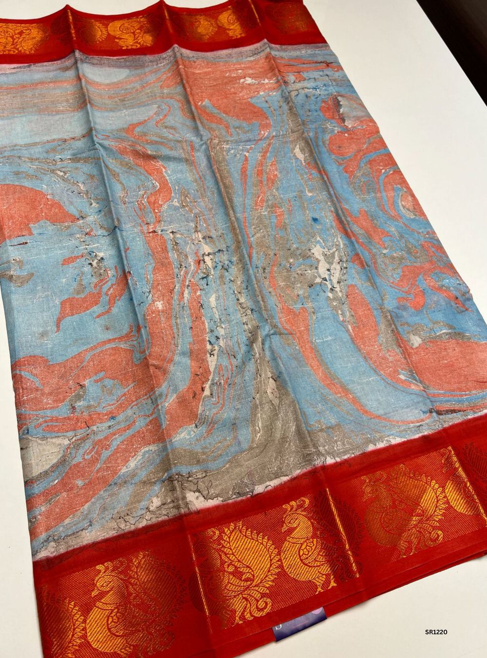 Sky Blue & Red - Marble Print Chungudi Cotton