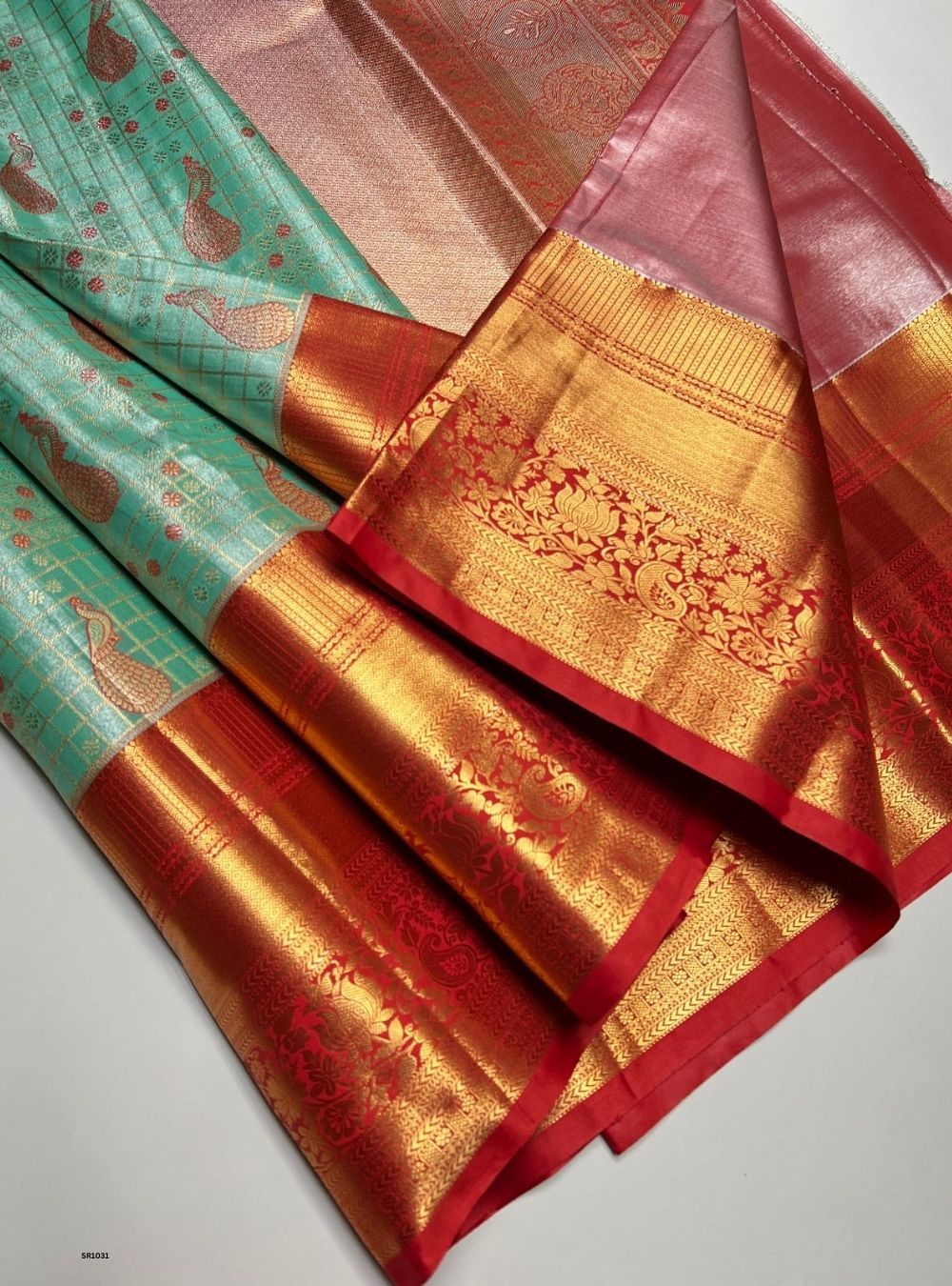 Turquoise & Red - Semi Kanjeevaram Saree