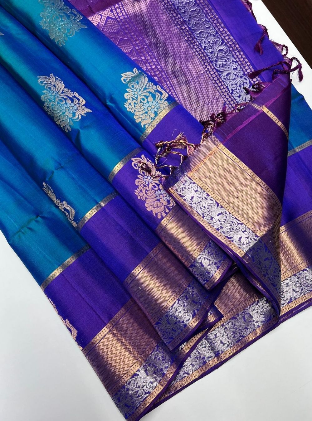 Peacock Blue & Purple -  Soft Silk Saree
