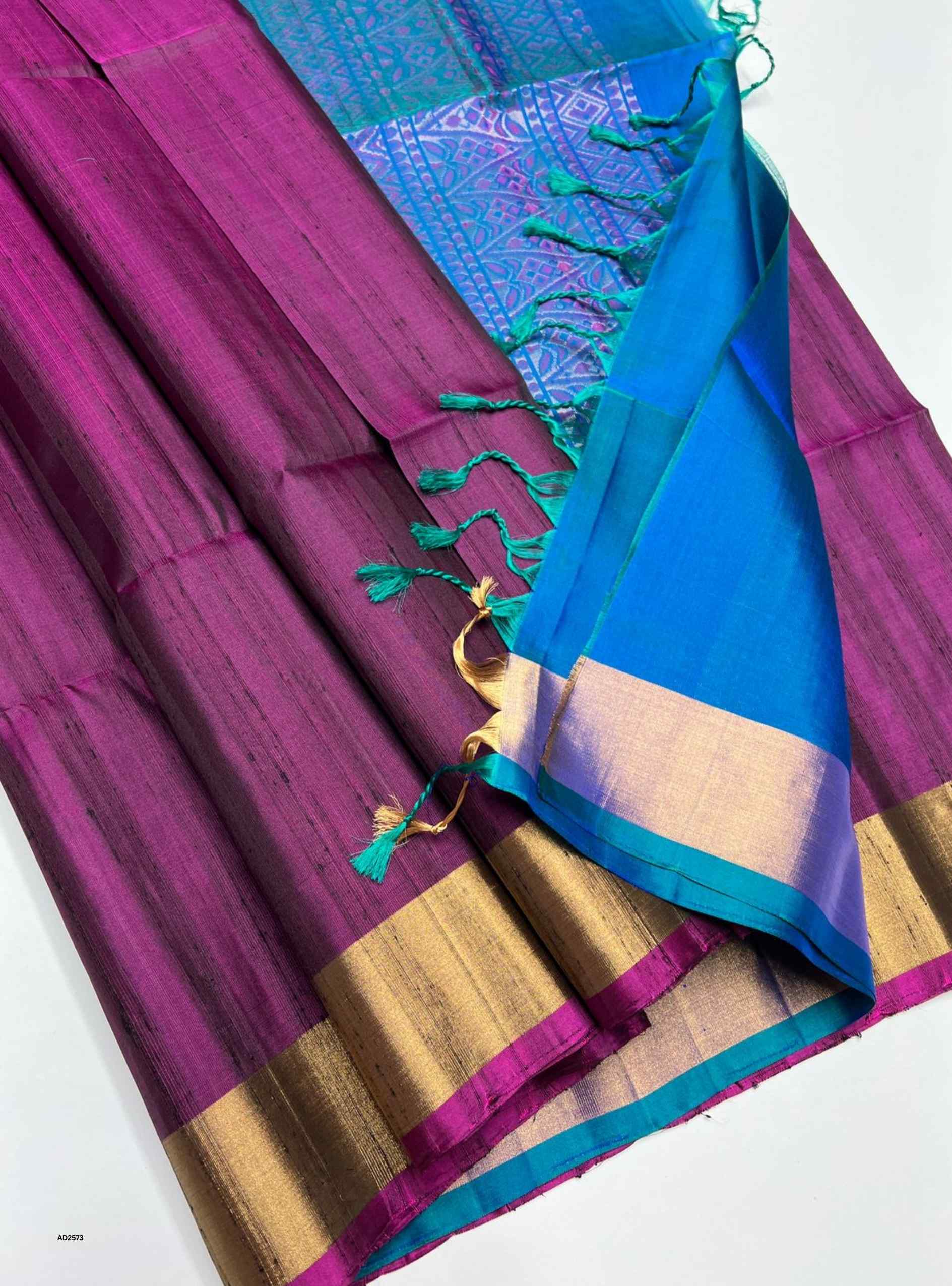 Plum & Peacock Blue - Soft Silk Saree