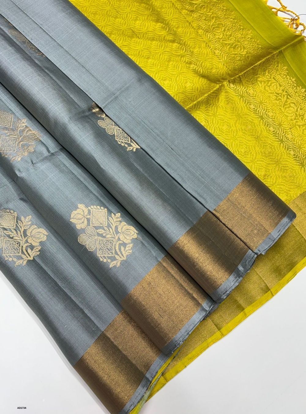 Grey & Lime Green - Soft Silk Saree
