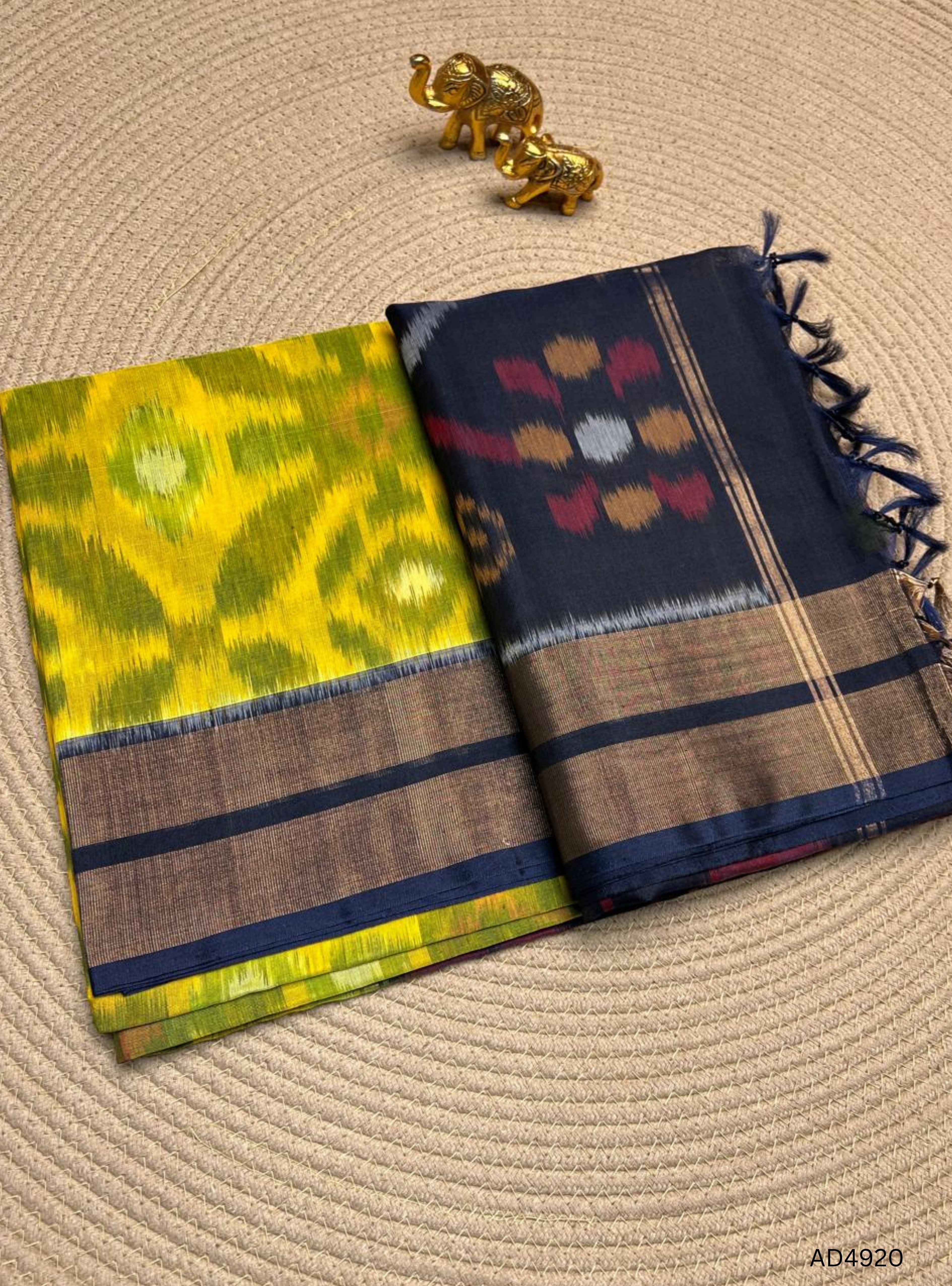 Yellow , Green & Navy Blue - Ikkat Kora Cotton Saree