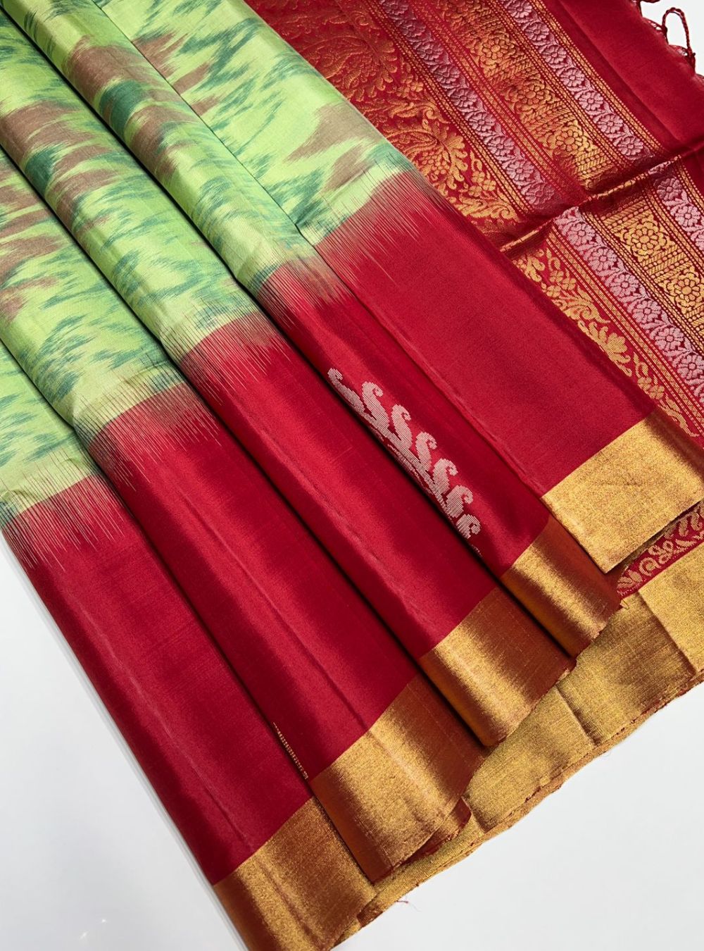 Pista Green & Red - Soft Silk Saree