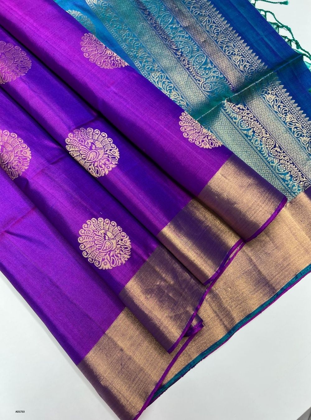Purple & Peacock Green - Soft Silk Saree