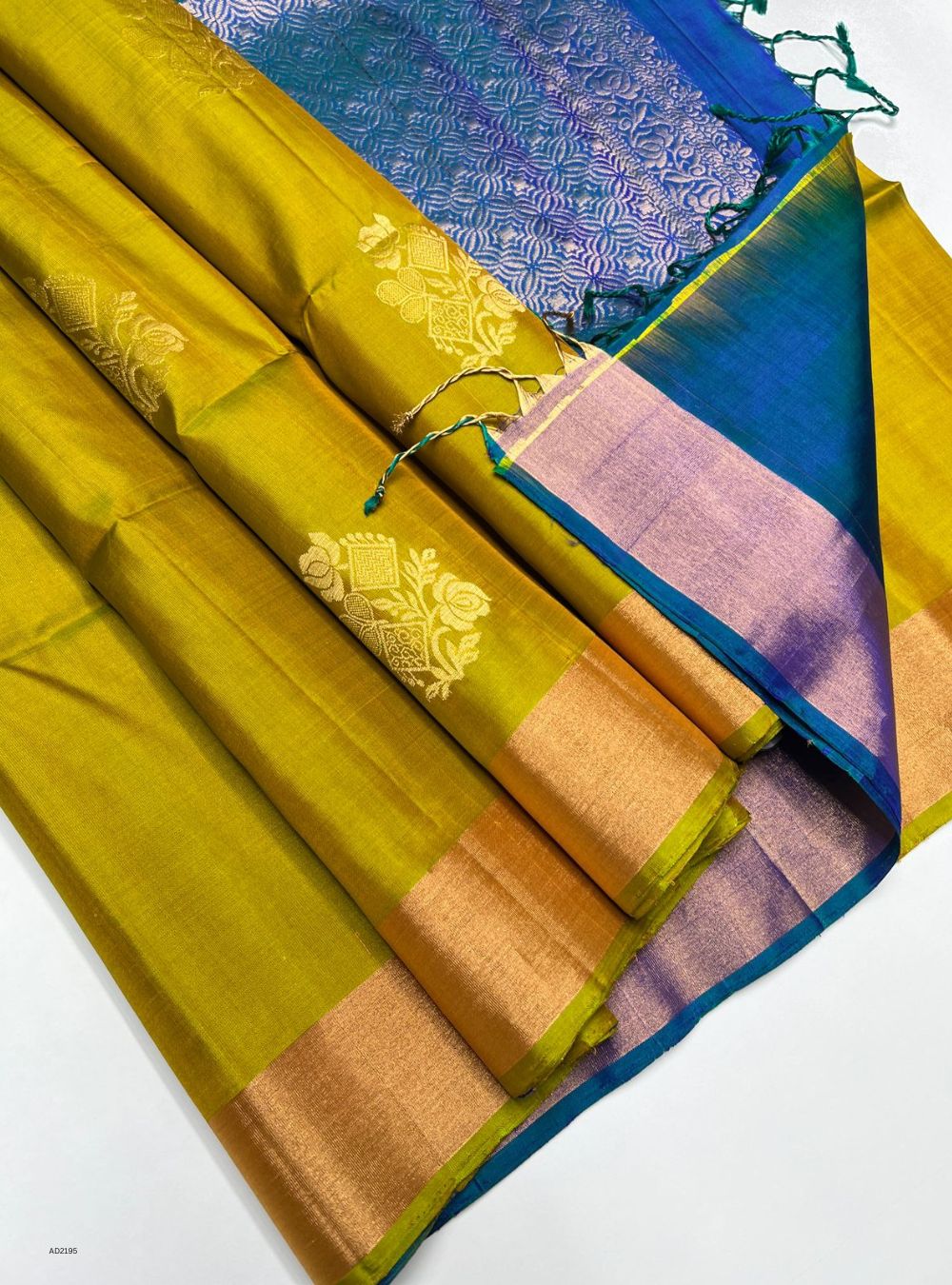 Dark Lime Yellow & Peacock Blue  - Soft Silk Saree