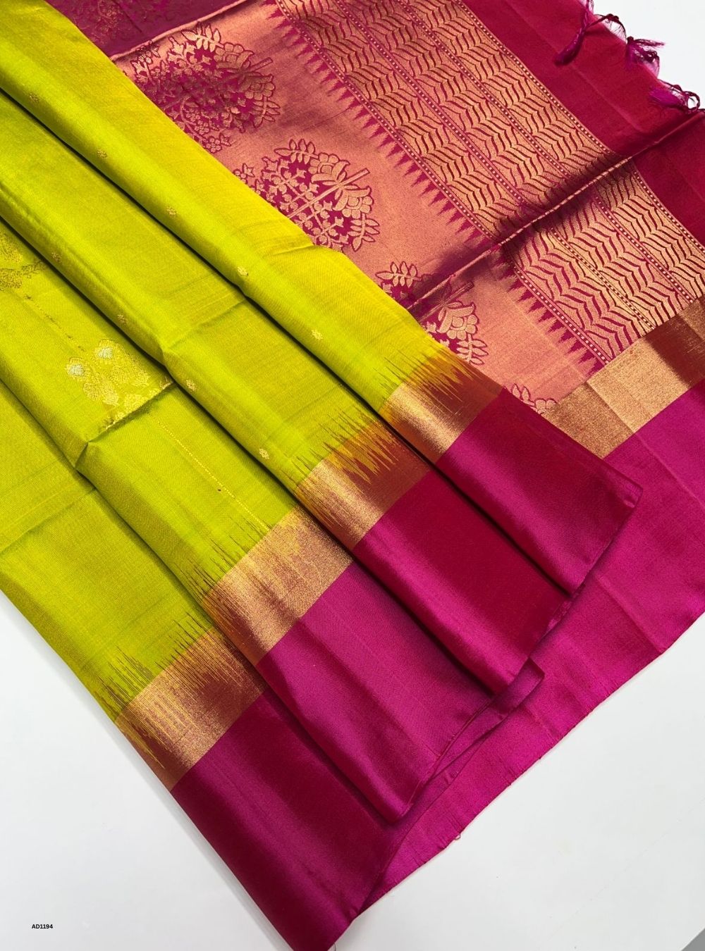 Lime Green & Pink - Soft Silk Saree
