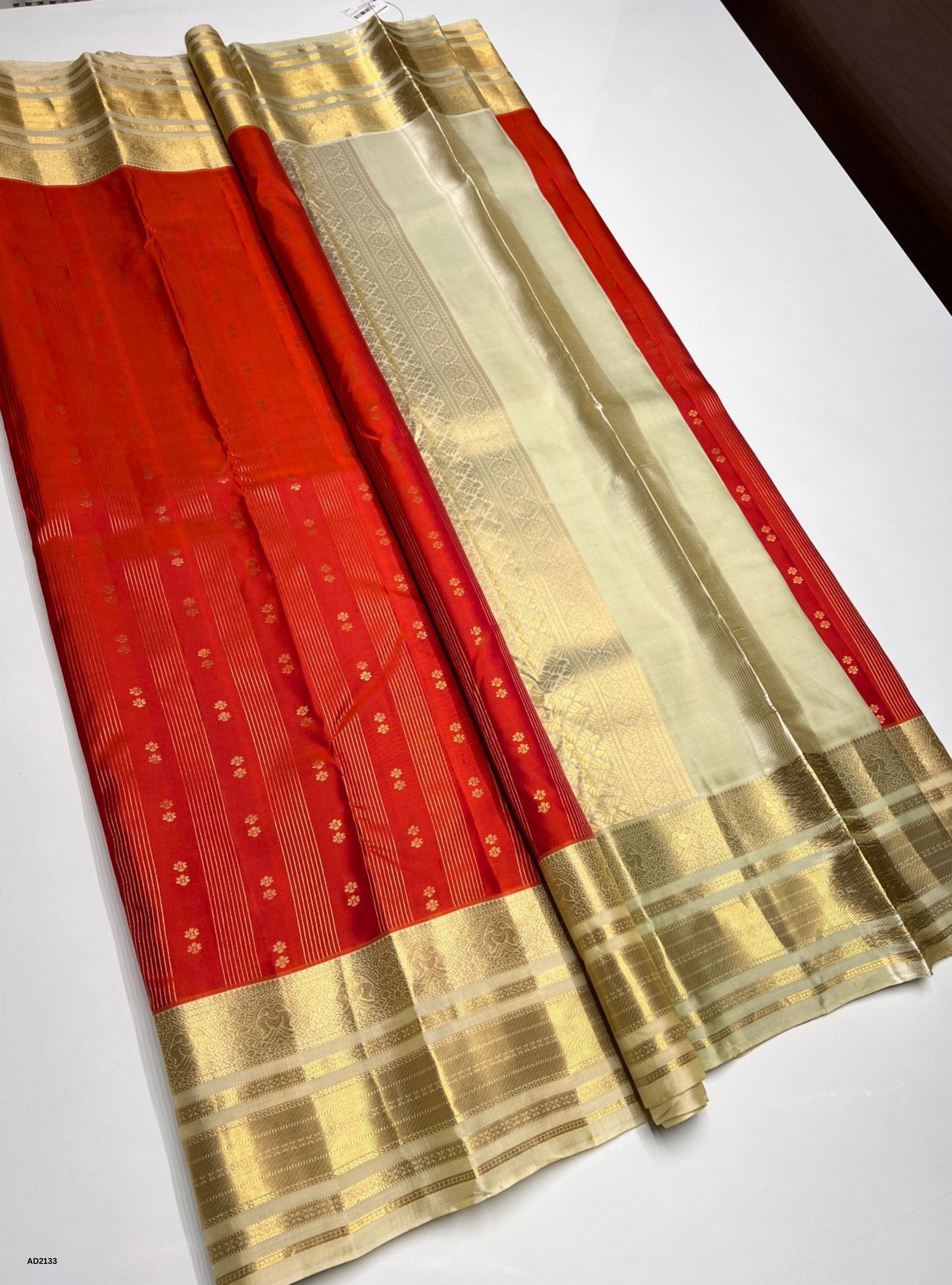 Orangish Pink & Half White  - Soft Silk Saree