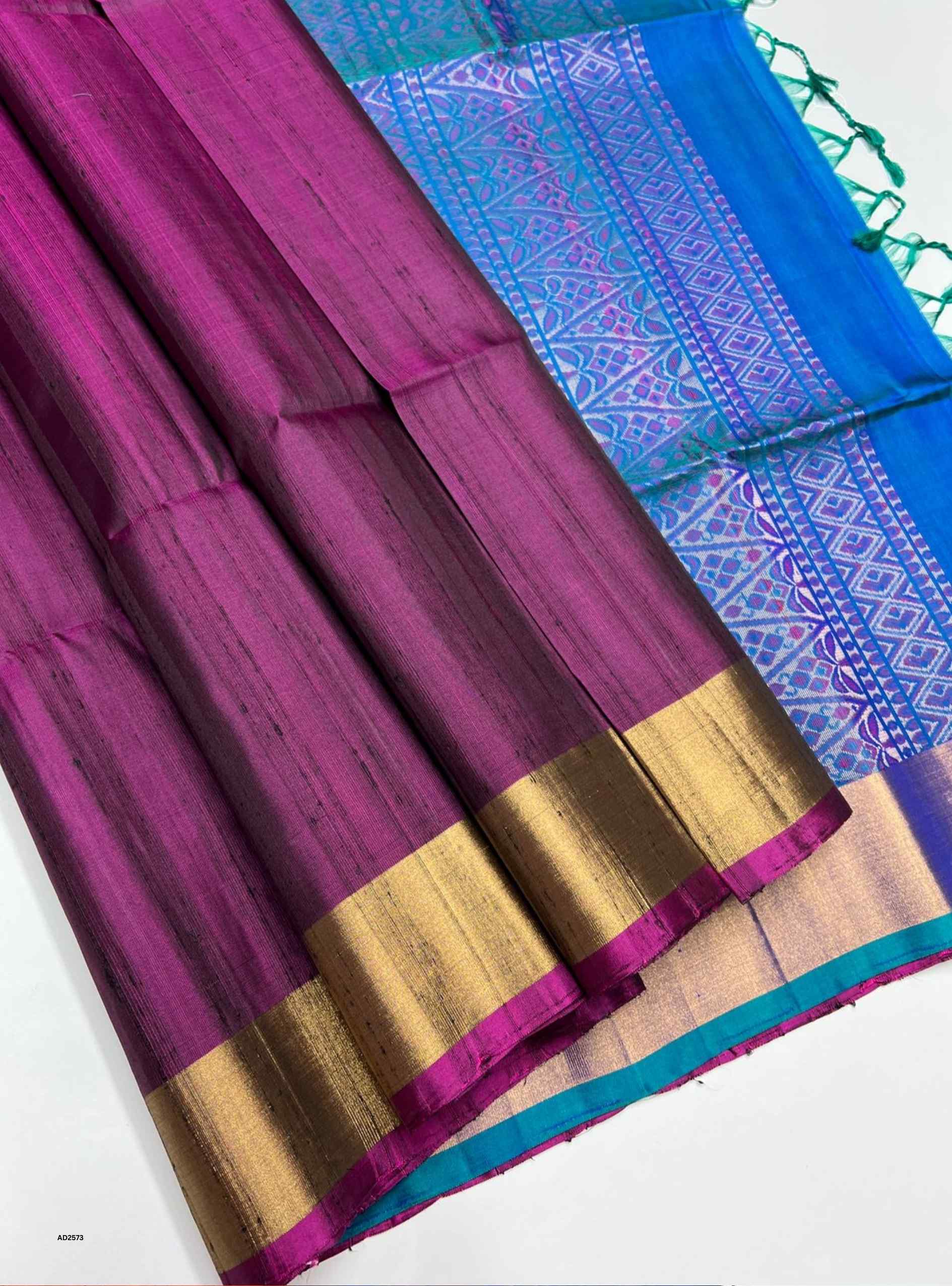 Plum & Peacock Blue - Soft Silk Saree