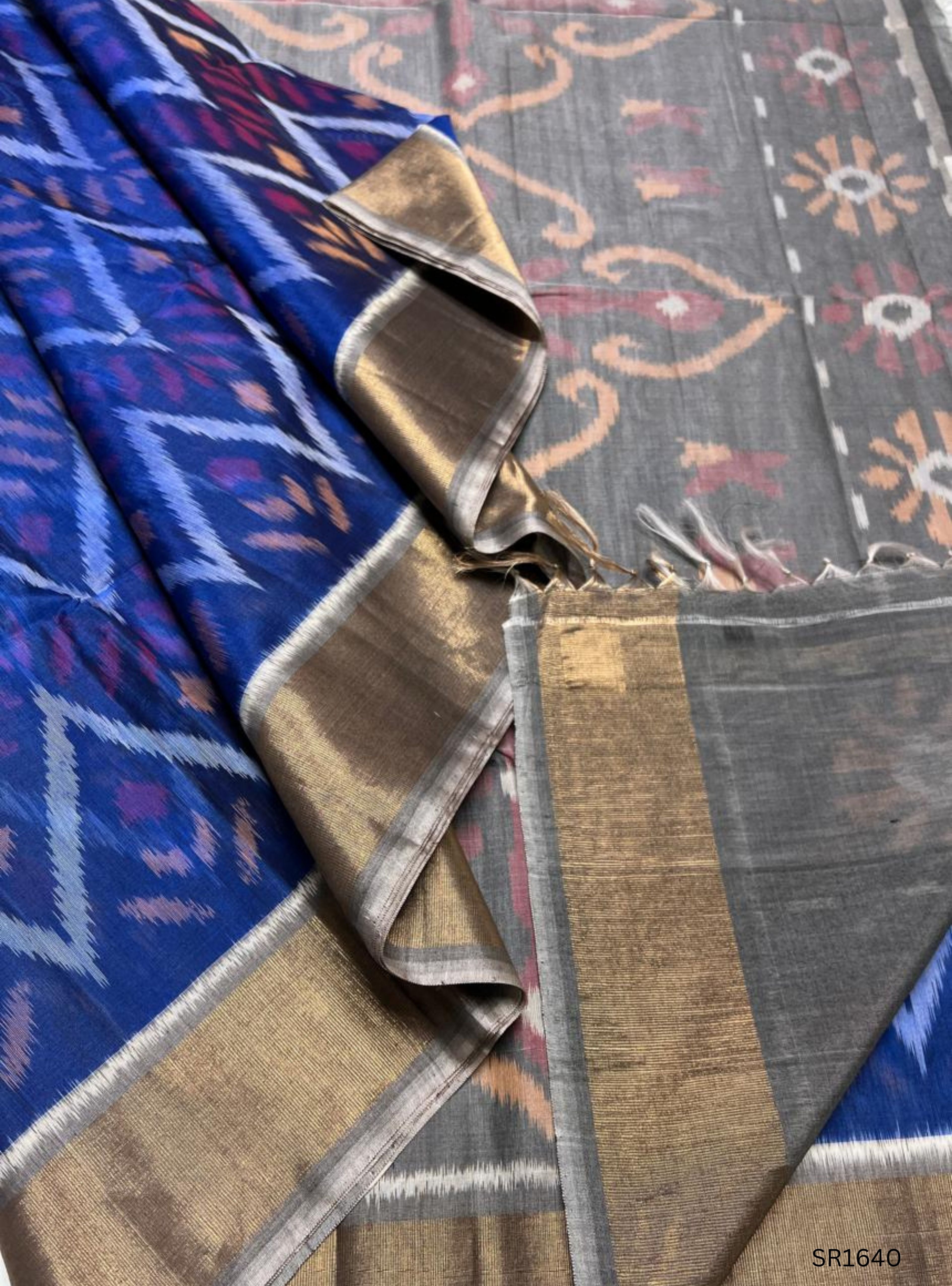 Blue , White & Grey - Ikkat Kora Cotton Saree